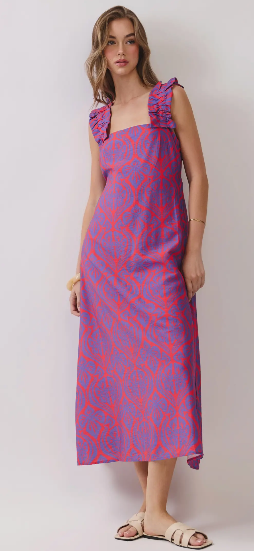 Red & Purple Abstract Ruffled Sleeve Long Dress