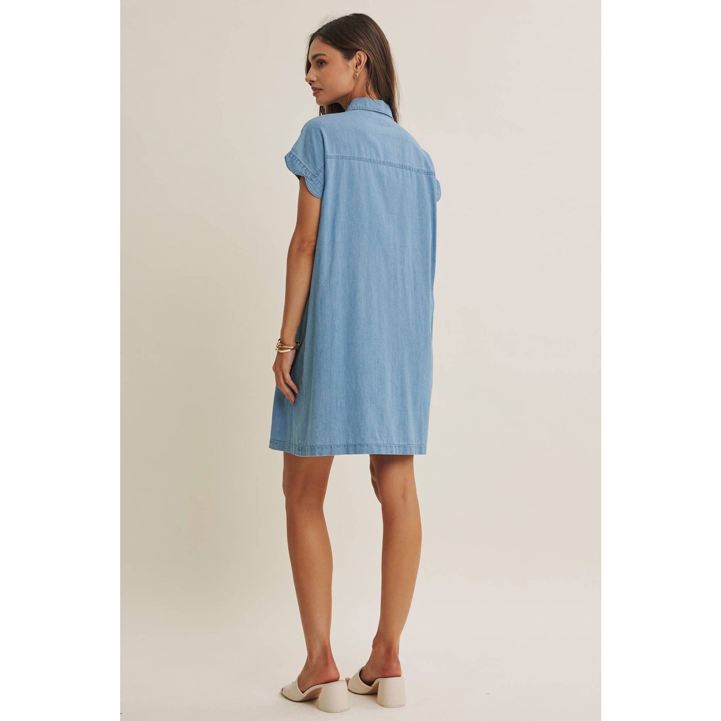 Coffee Run Washed Denim Mini Shirt Dress With Scallop Detail