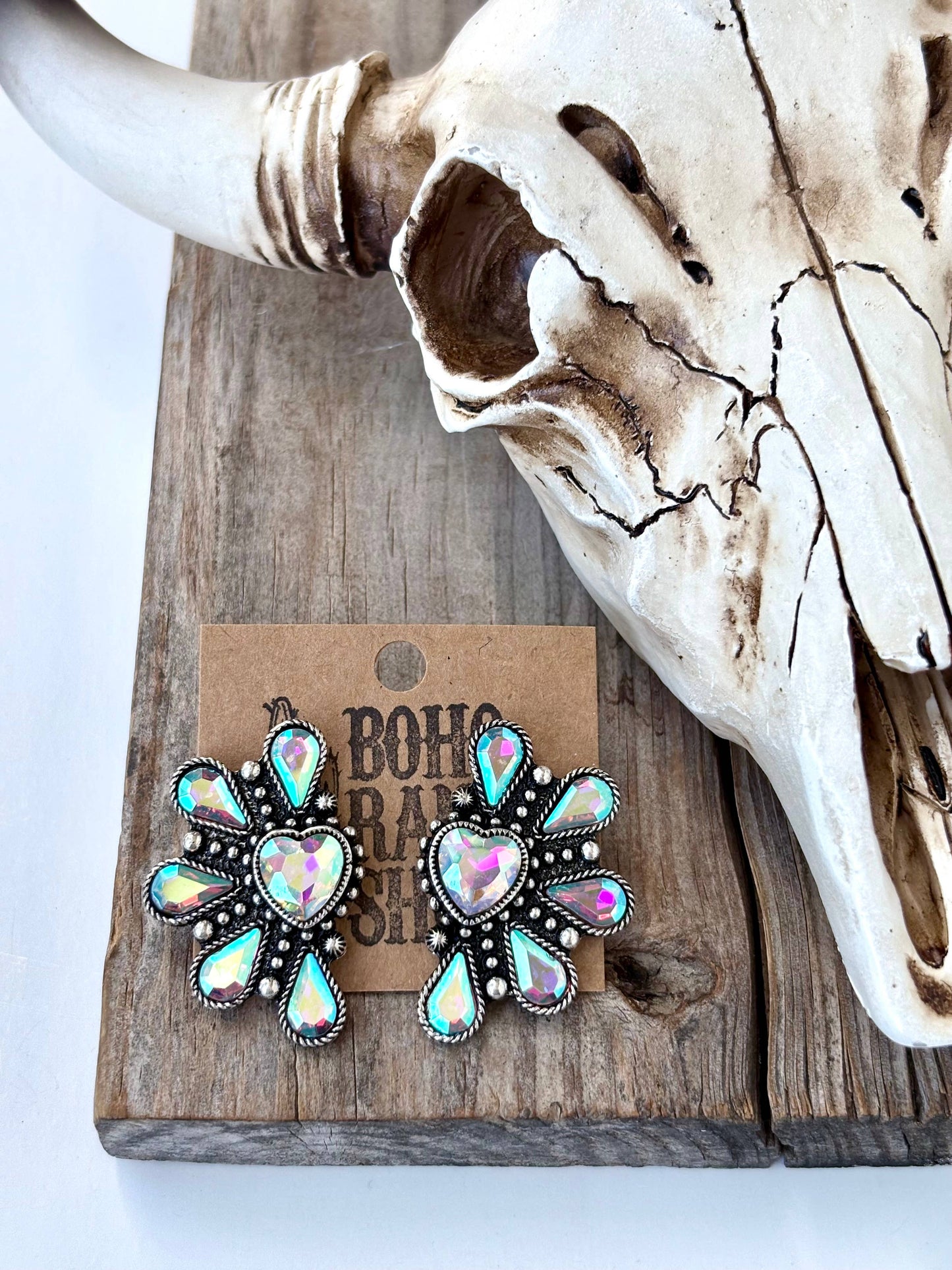 Western Heart Squash Blossom Turquoise Stone Stud Earrings