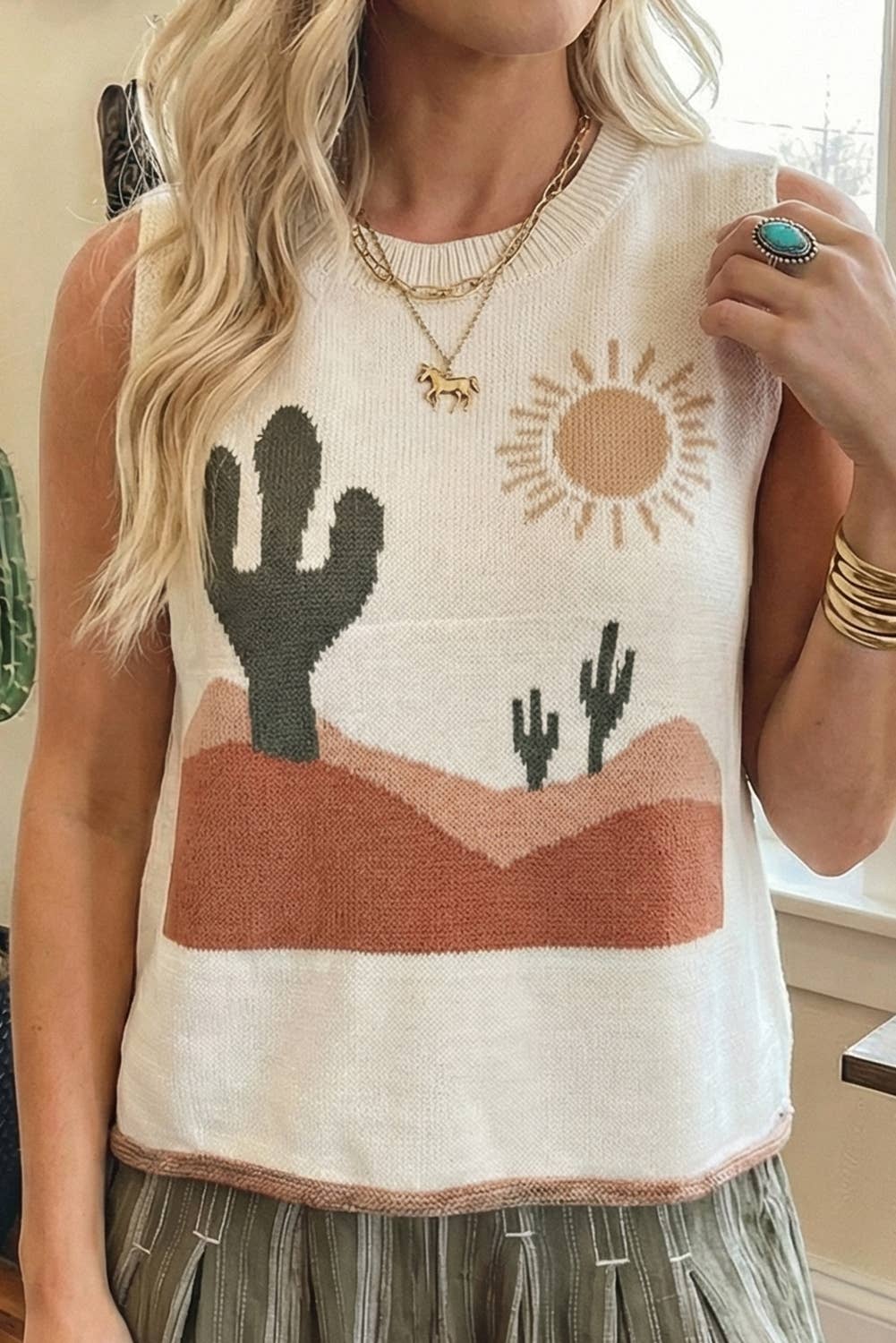 Western Cactus Desert Print Knit Sweater Tank Top