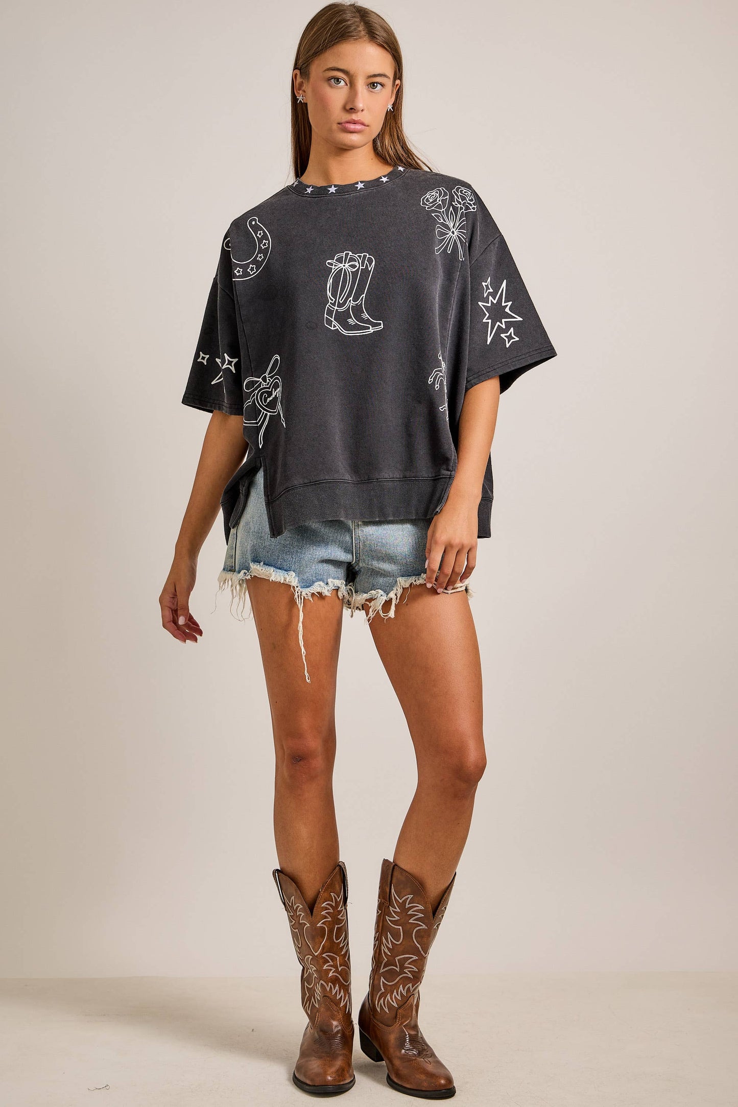 Mineral washed western printed oversized top