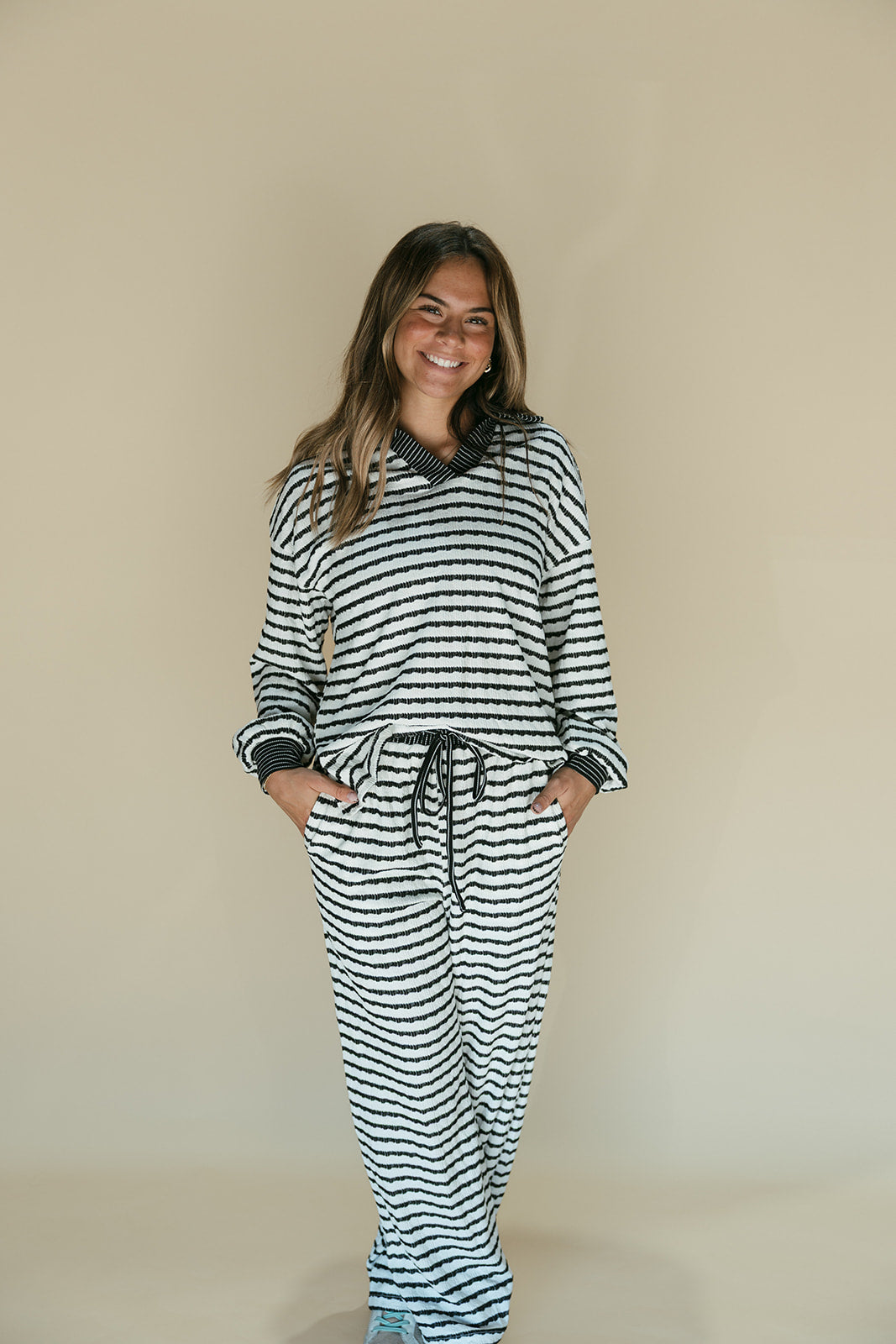 Stripe Collared Pullover Top and Drawstring Pant Set
