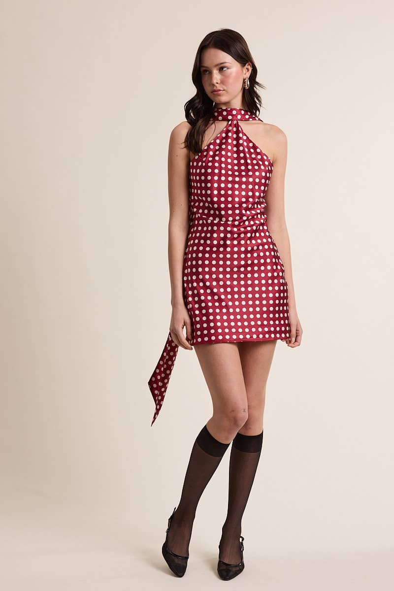 SATIN POLKA DOT LONG SCARF MINI DRESS