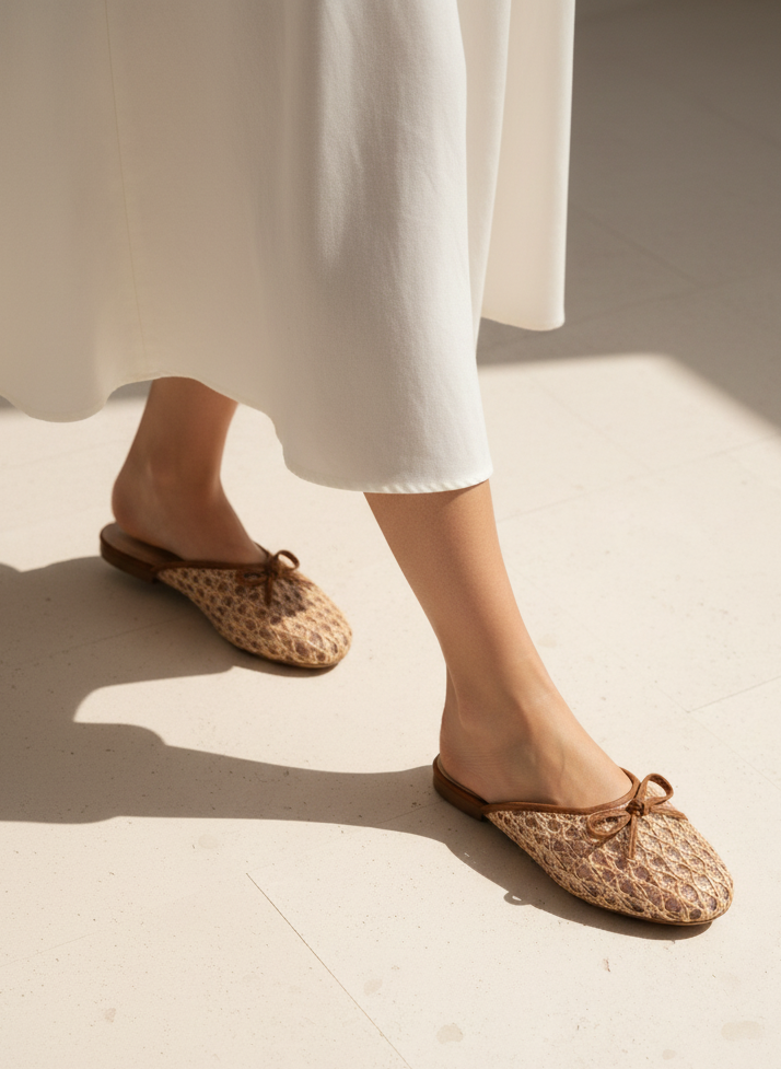 SOLENE Woven Raffia Mule Flats Bow Detail Mesh Lined Slides