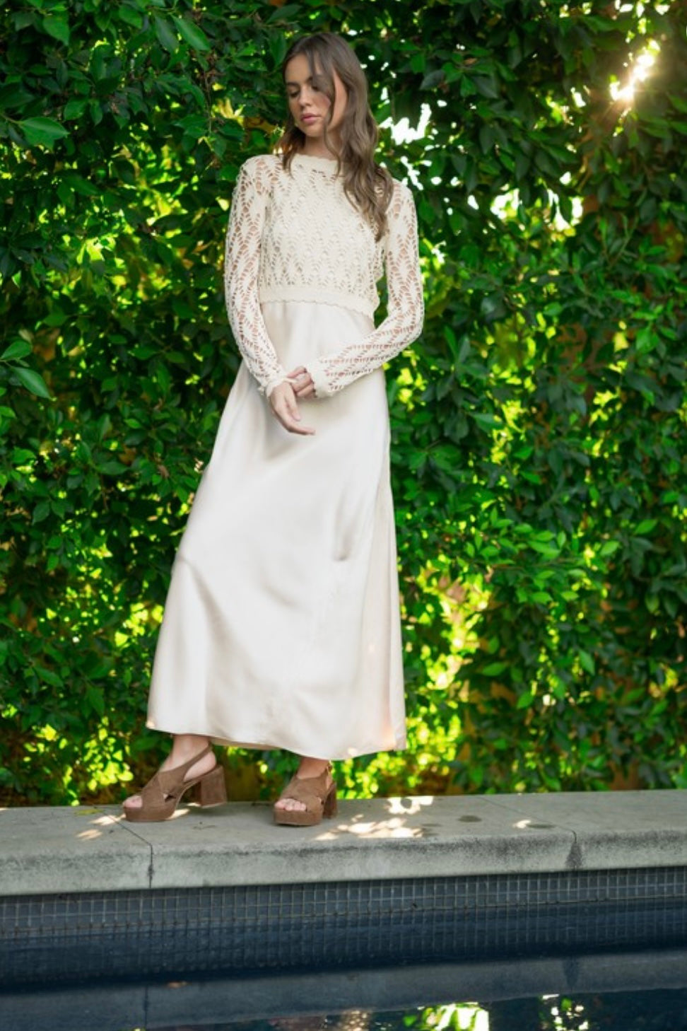 Satin slip dress with crochet top