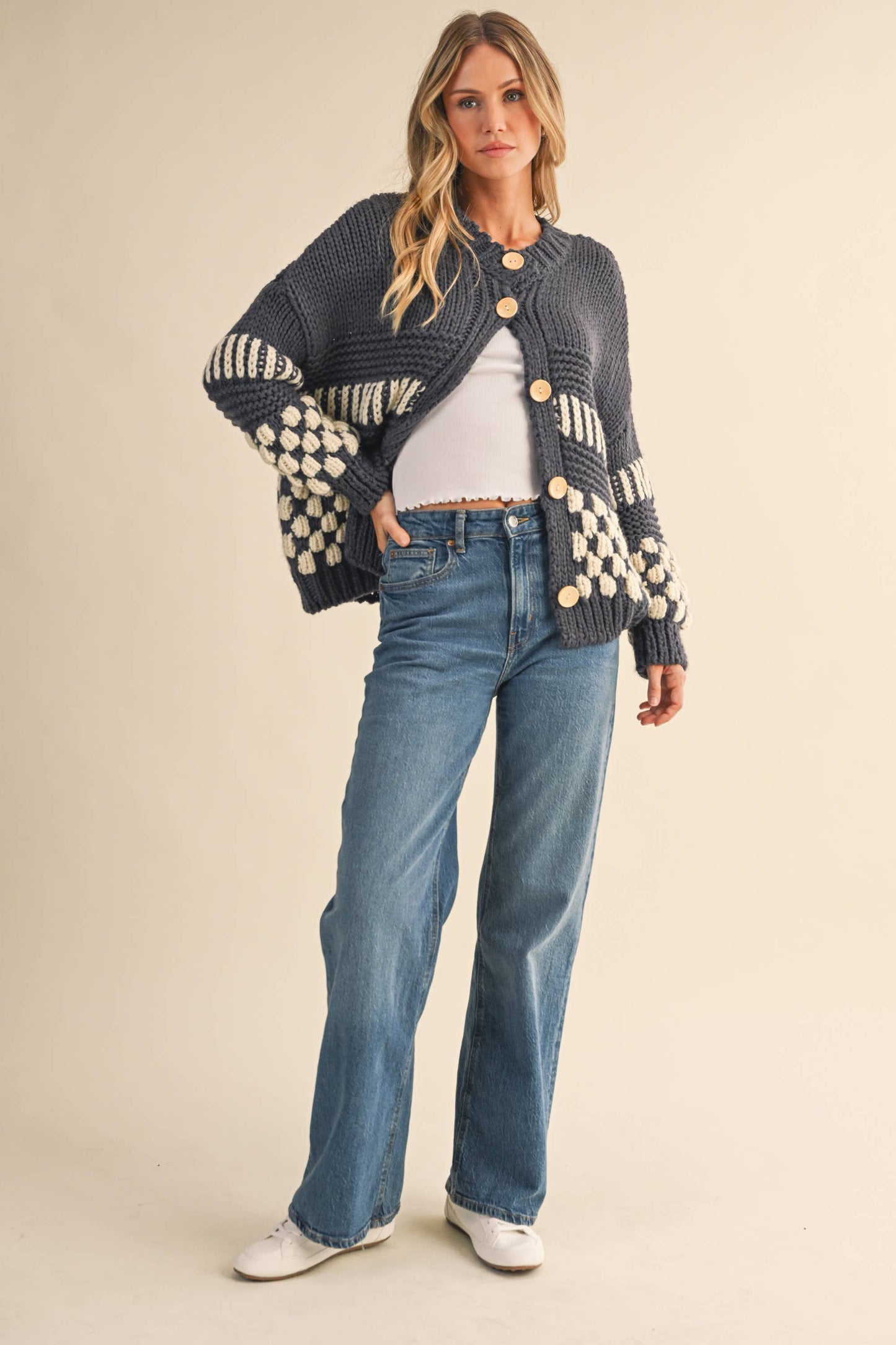 checkered pattern chunky knit cardigan