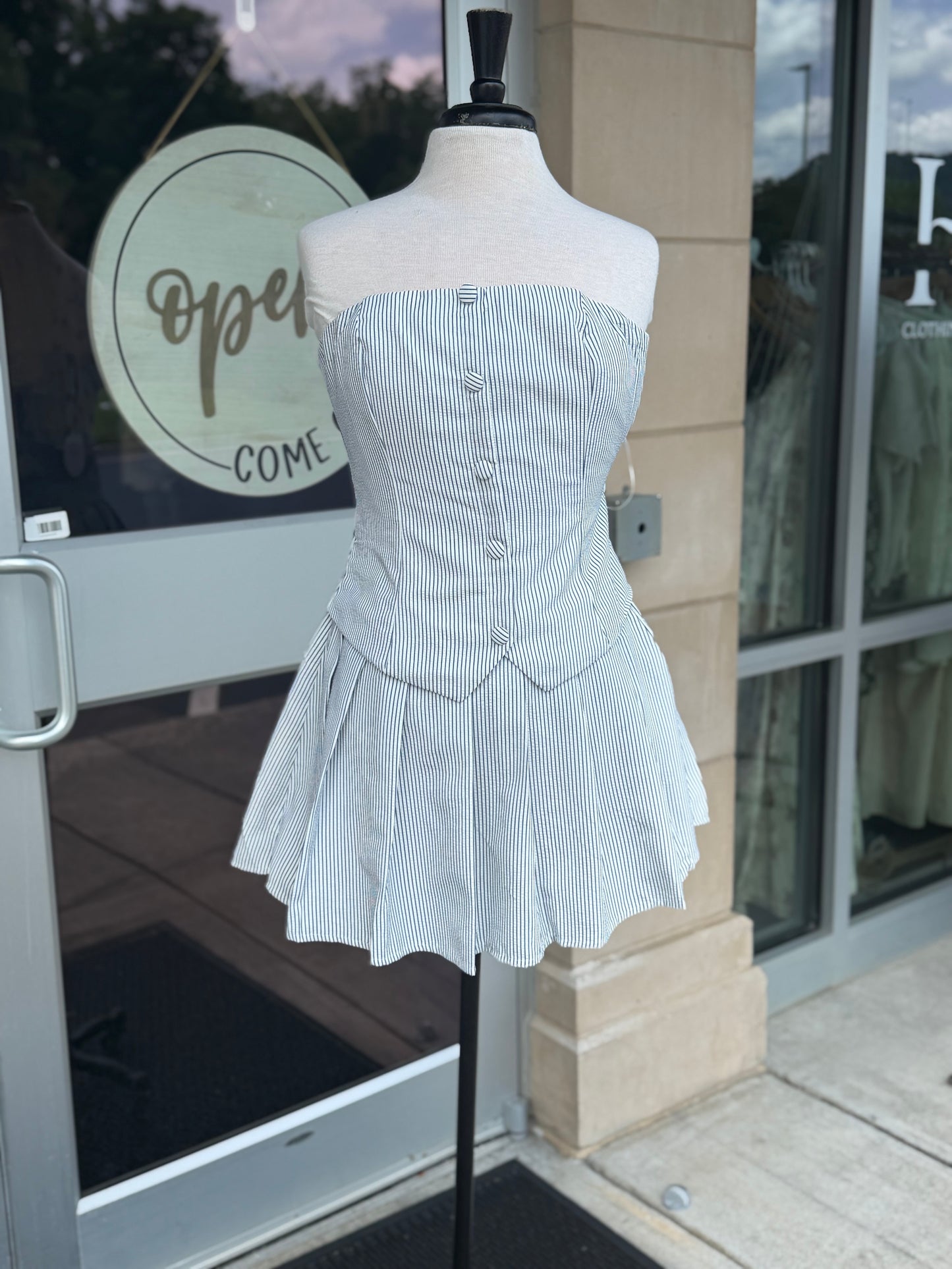 Strapless Striped Button Down Mini Dress