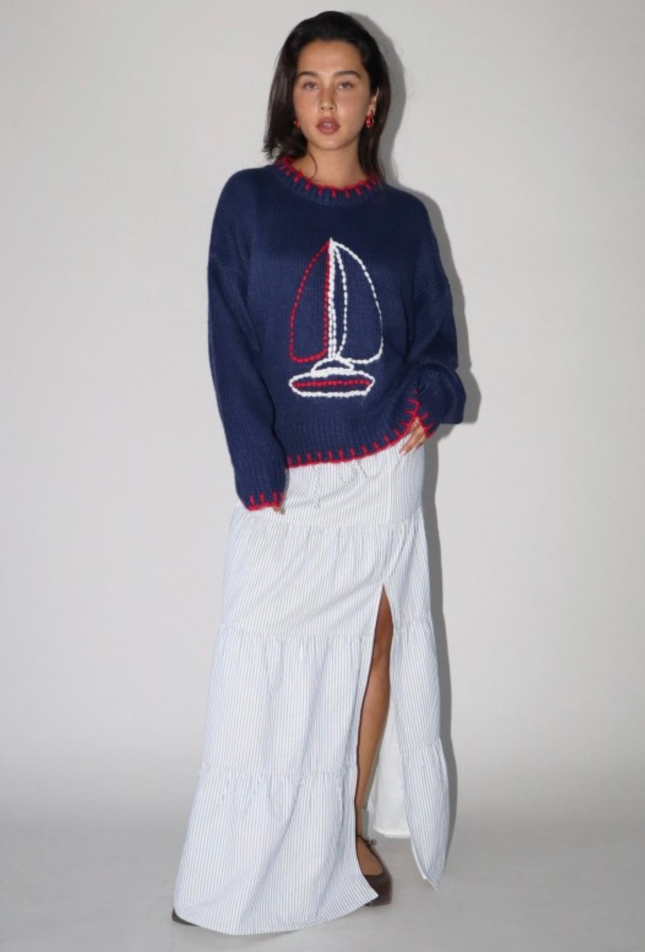 Drawstring Stipe Maxi Skirt