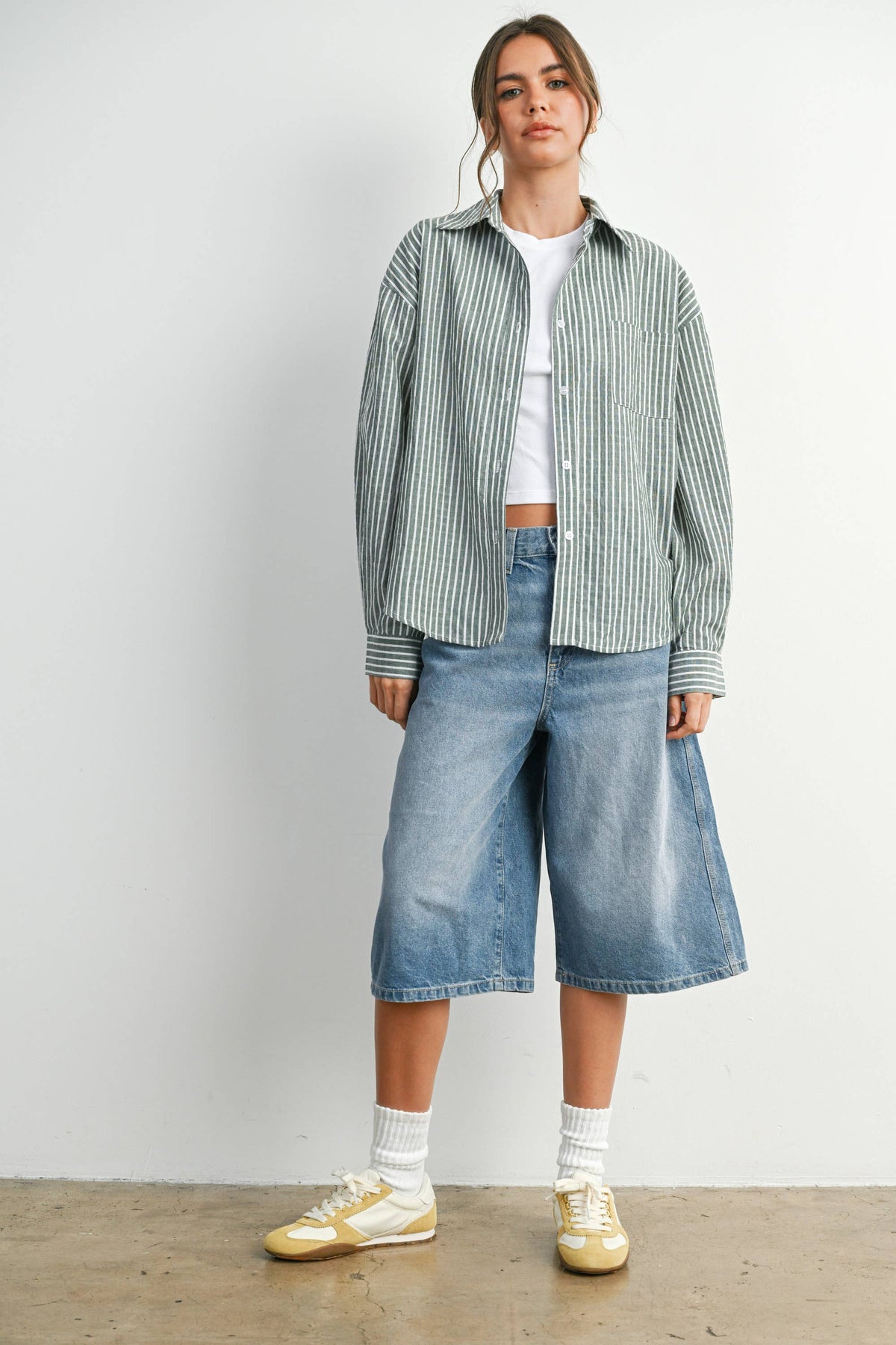 Cropped Striped Button-Up Collared Long Sleeve Top