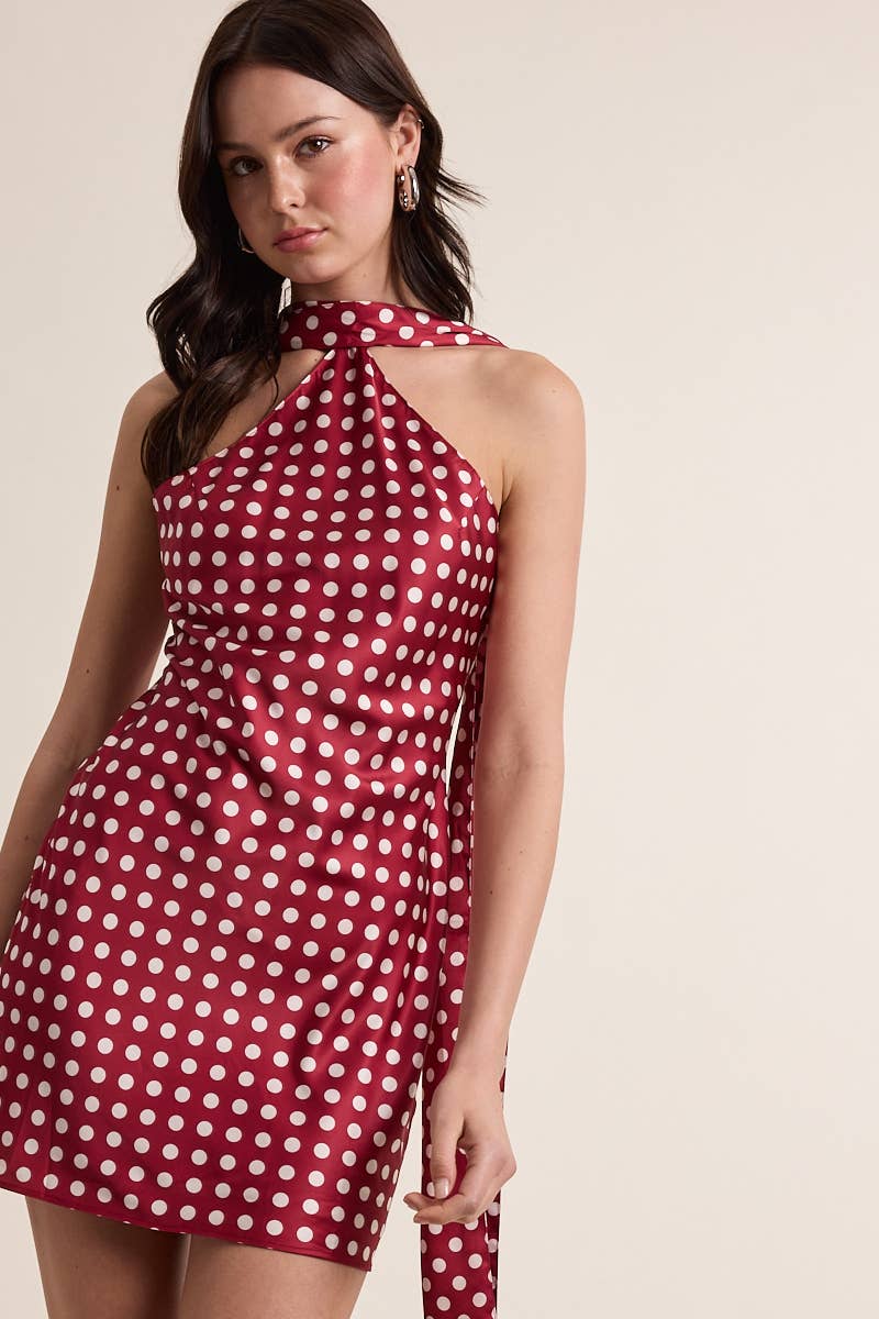 Satin Polka Dot Long Scarf Mini Dress M / Red Polka Dot
