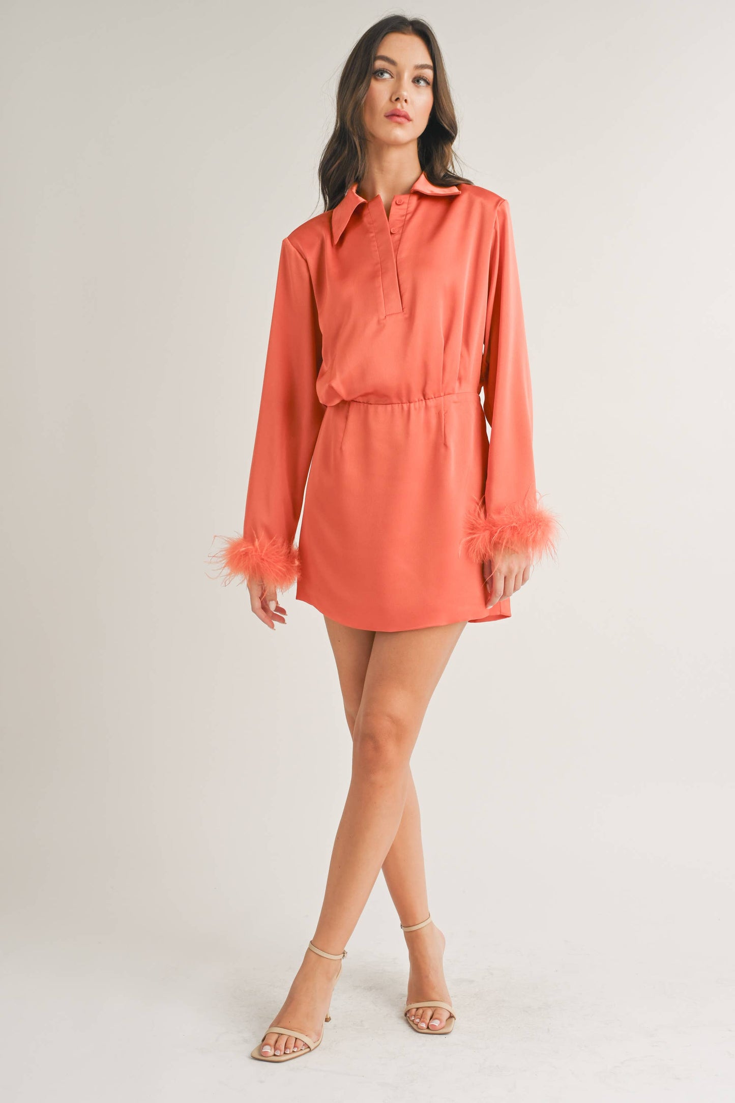 long sleeve collared mini dress with feather cuffs