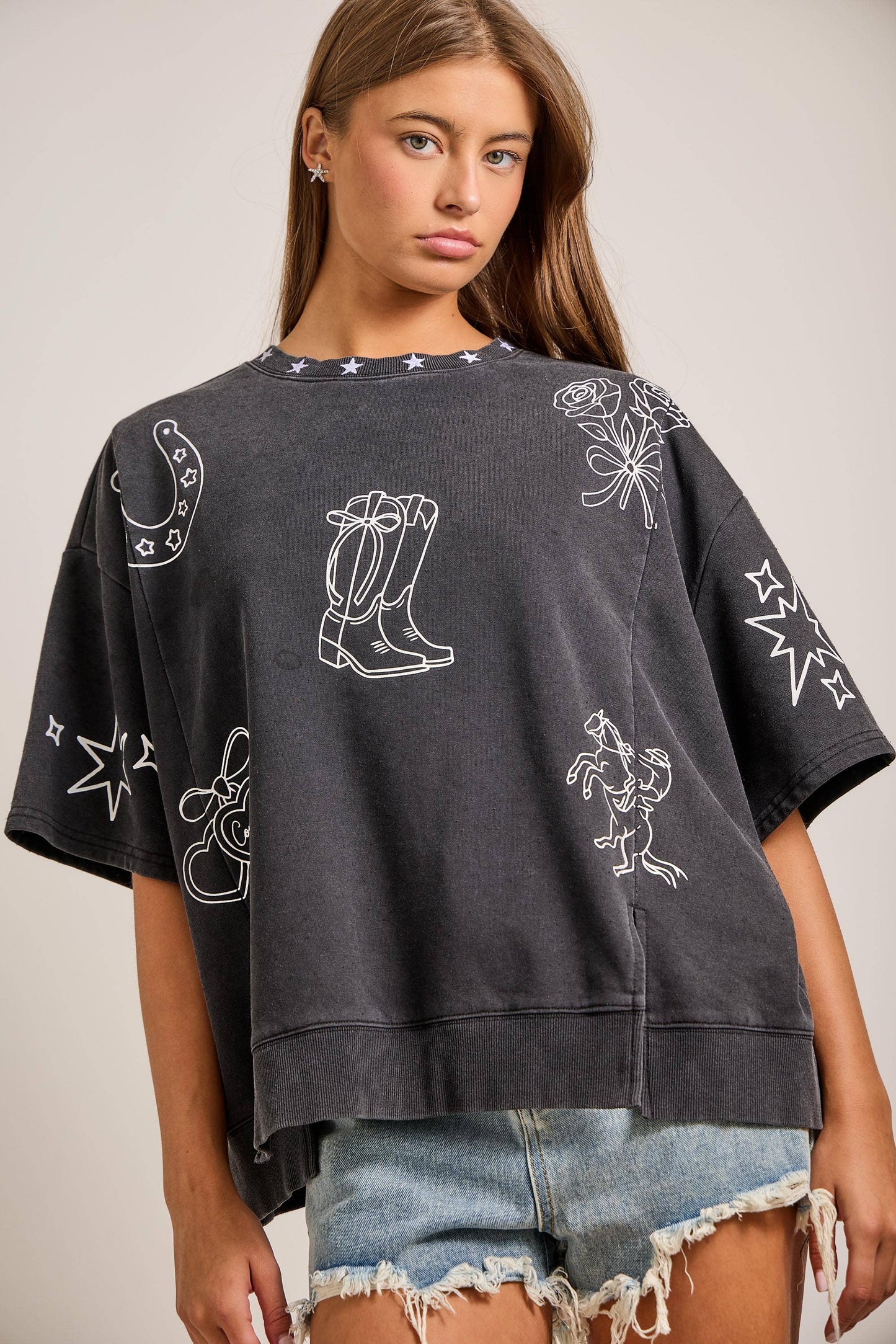Mineral washed western printed oversized top