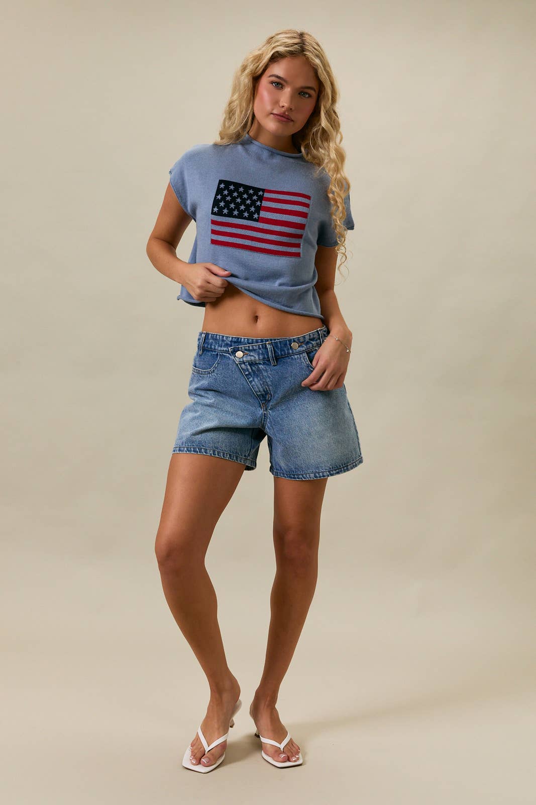 Drop Shoulder Mock Neck "USA Flag" Graphic Sweater