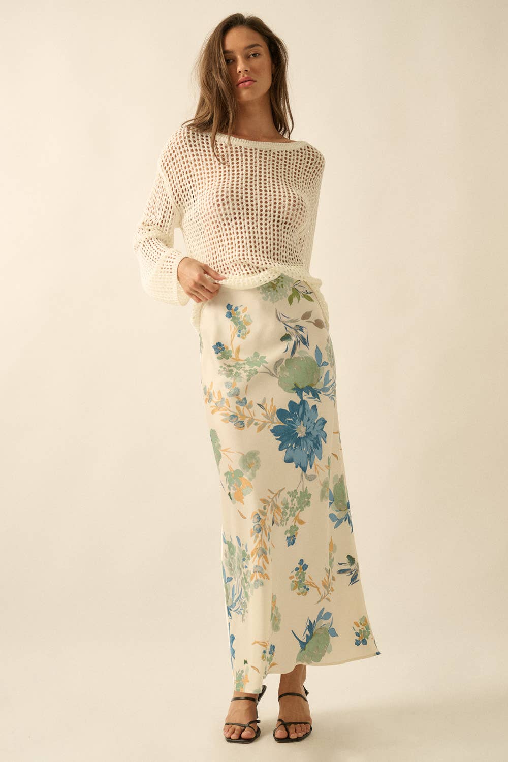 Textured Floral-Print Bias-Cut Maxi Skirt