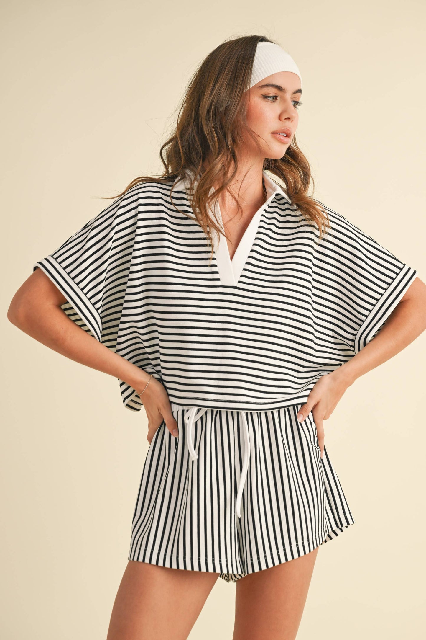 Knitted Striped Cropped Shirt and Shorts Set