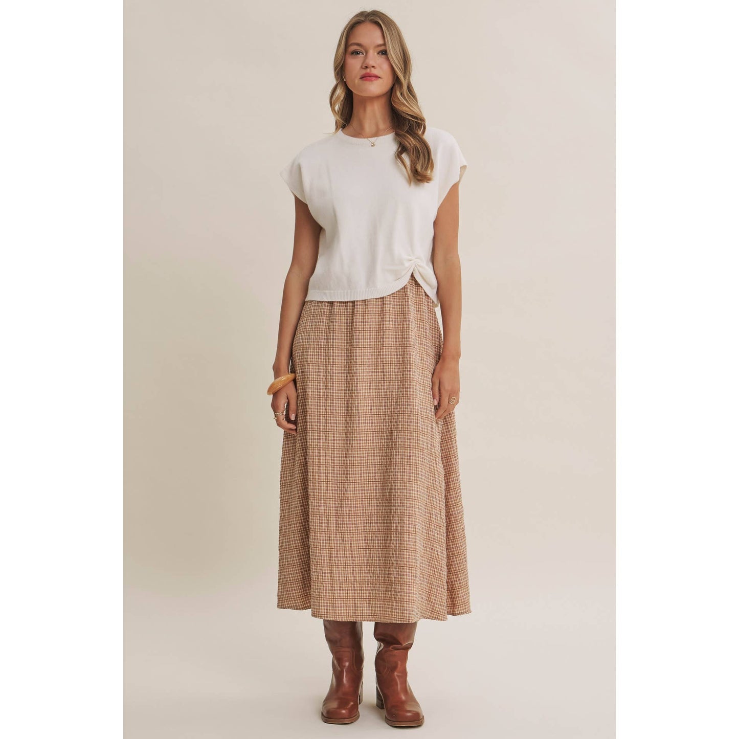 COUNTRY ROADS Gingham Bow Back Twofer Sweater Midi Dress