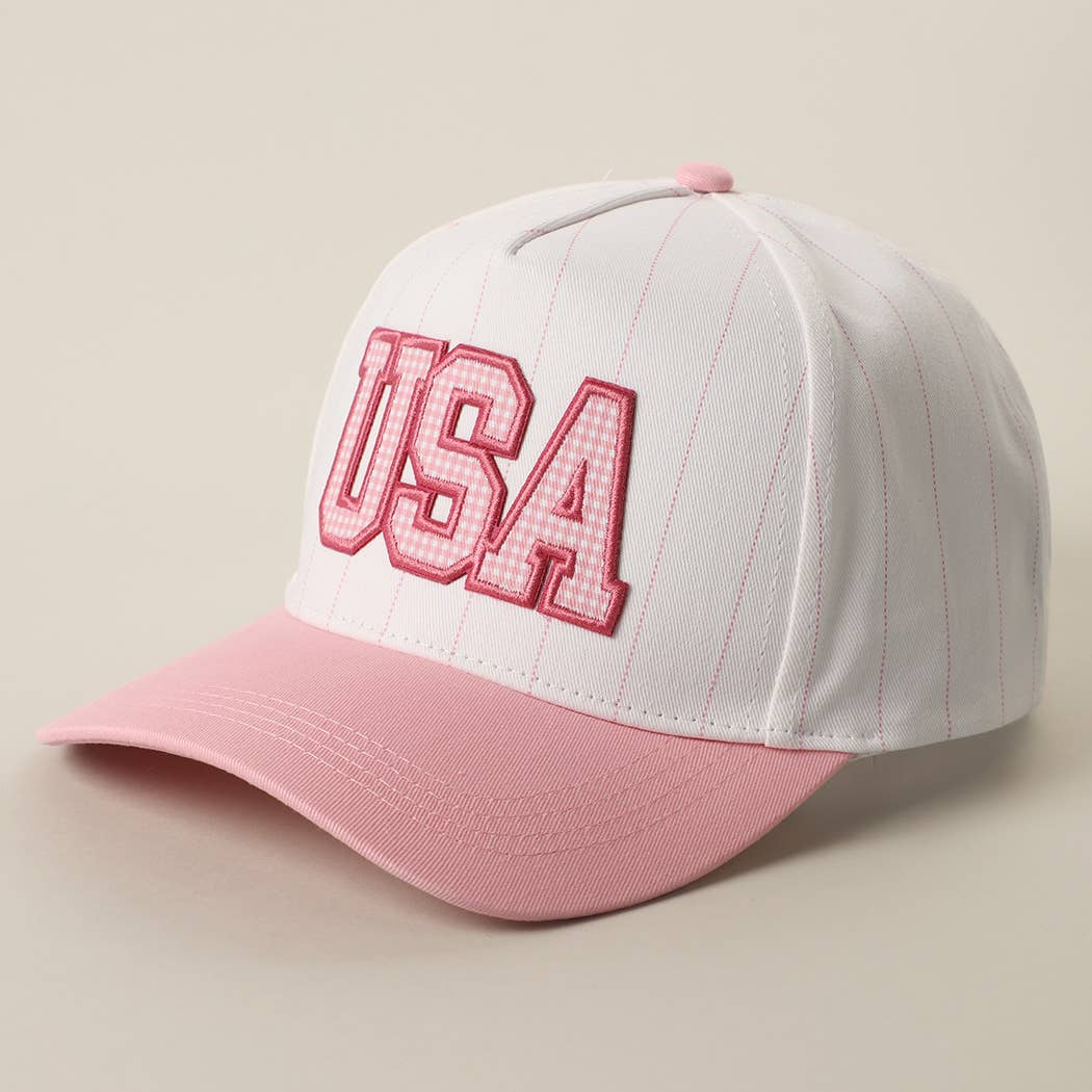 USA Gingham Embroidered Patch Pinstripe Crown Trucker Hat