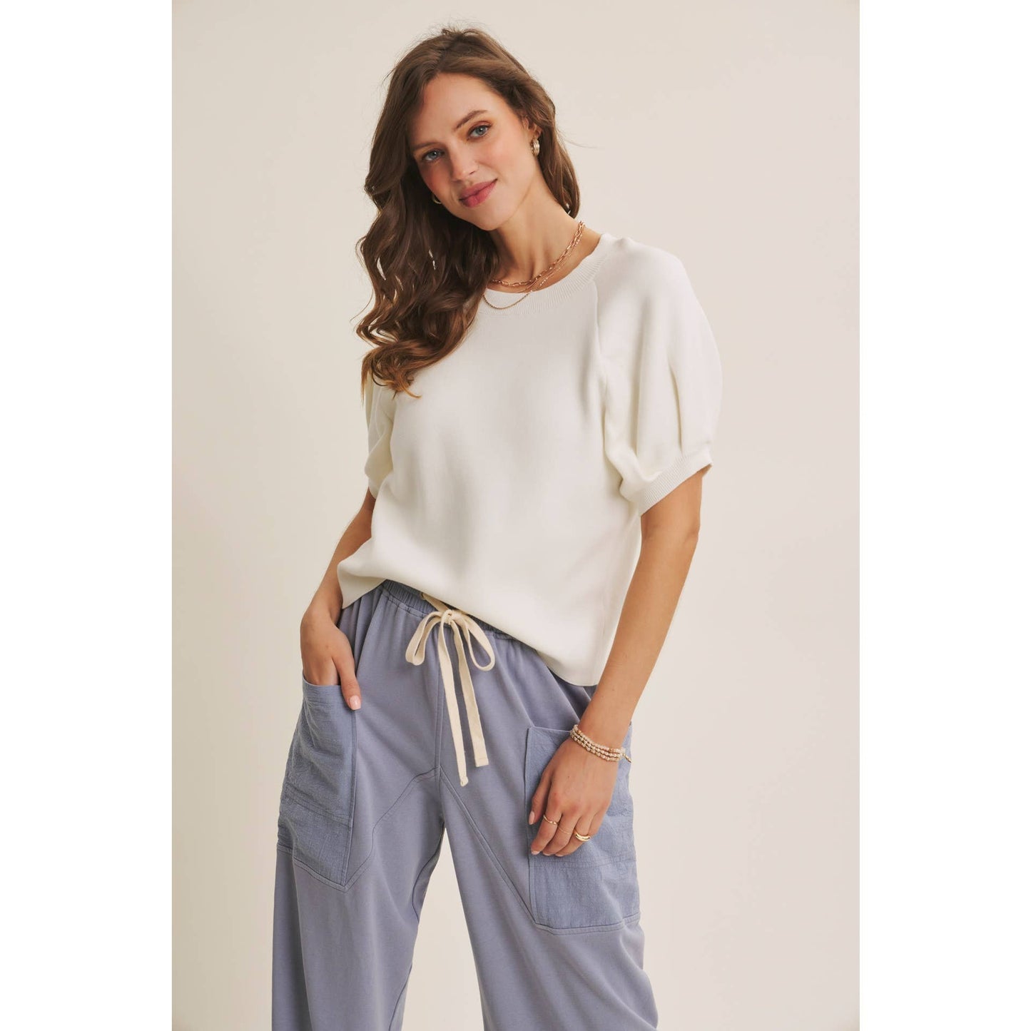 Easy Volume Movement Breathable Cotton Sweater With Puff