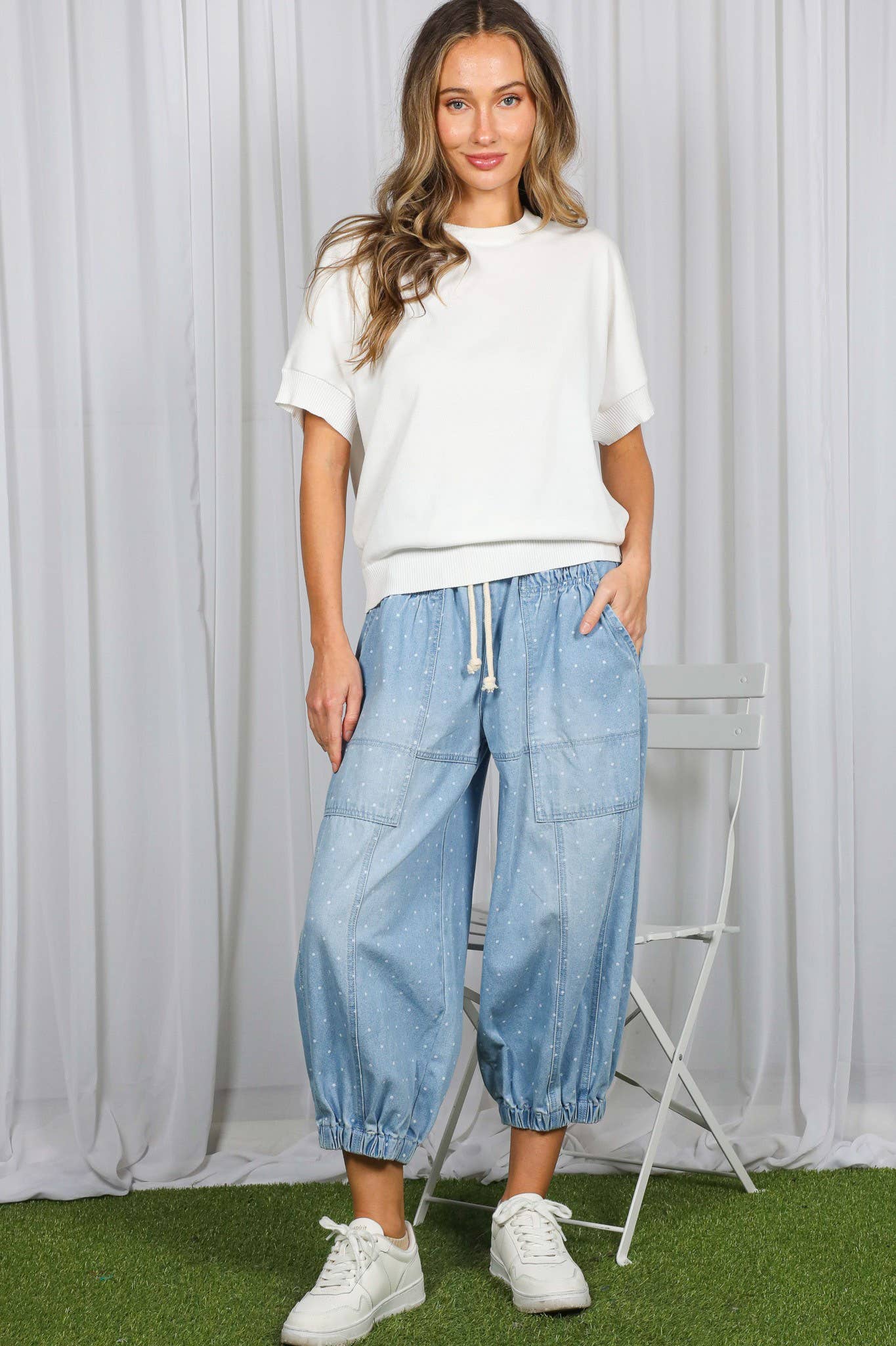 Polka Dot Casual Patch Pocket Crop Barrel Jeans