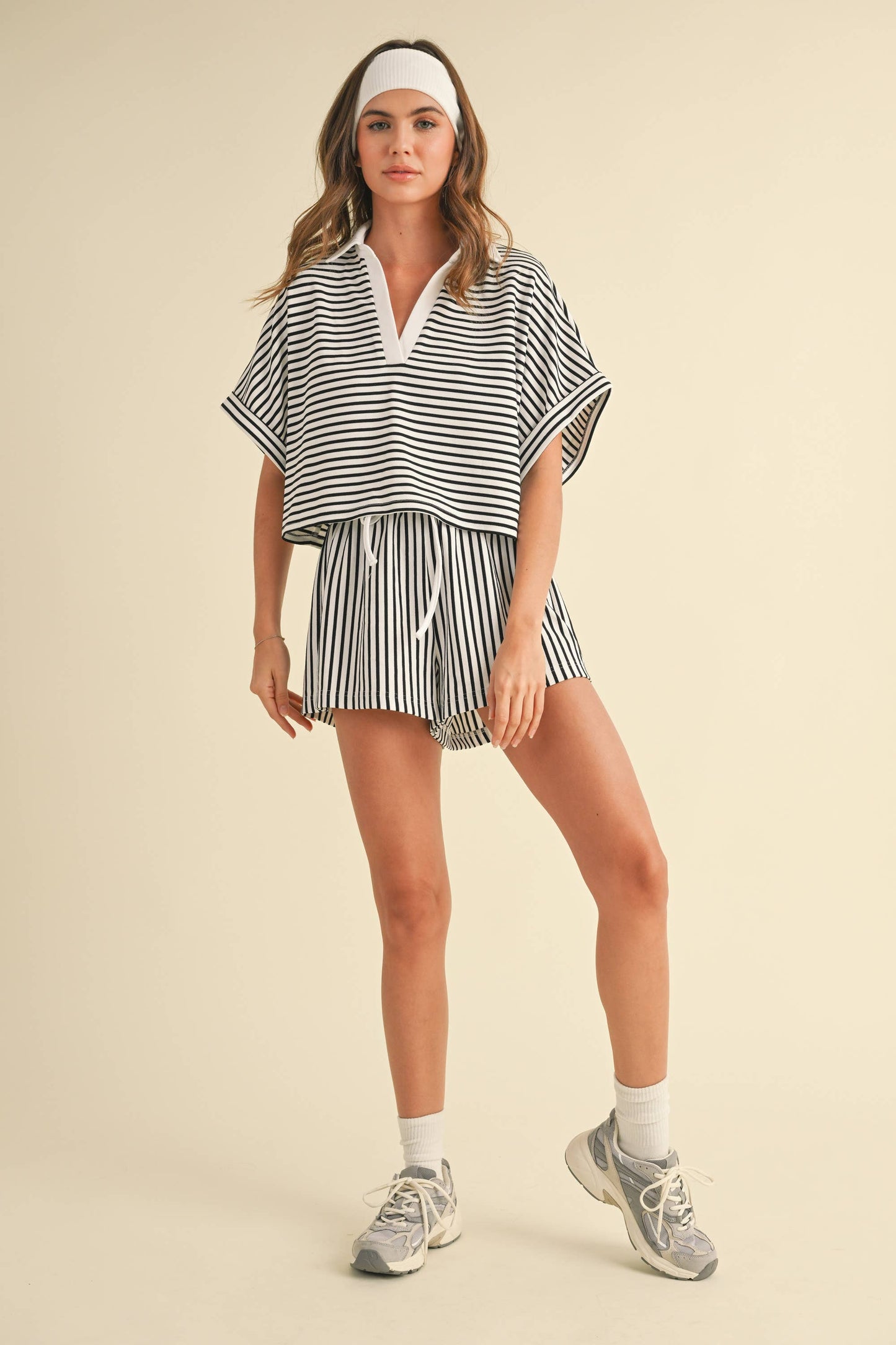 Knitted Striped Cropped Shirt and Shorts Set