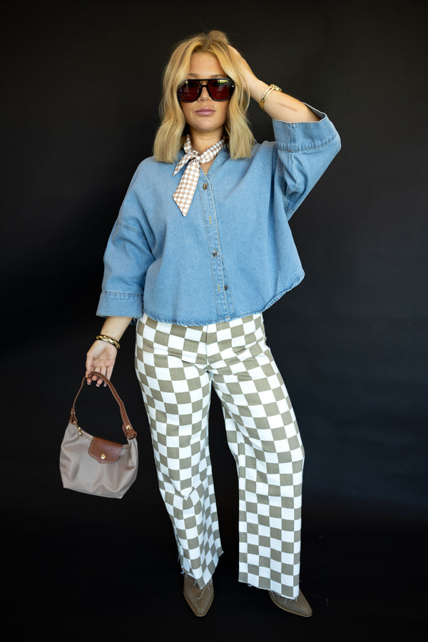 Checker Board Wide Leg Stretched Pant