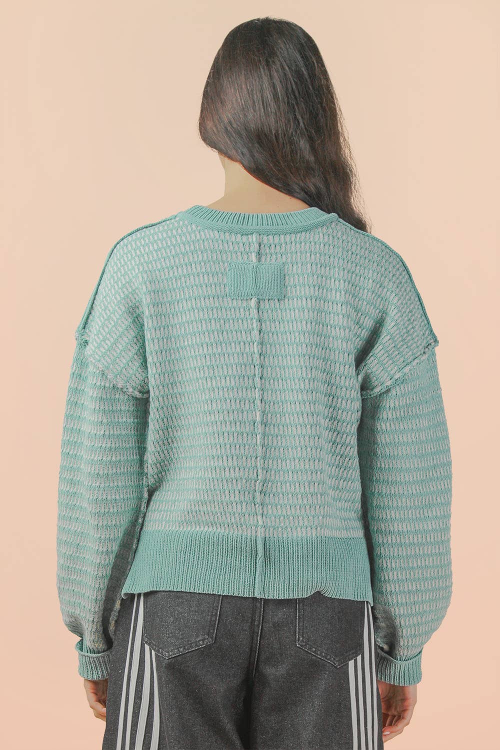 Two Tone Textured Knit Casual Sweater Top