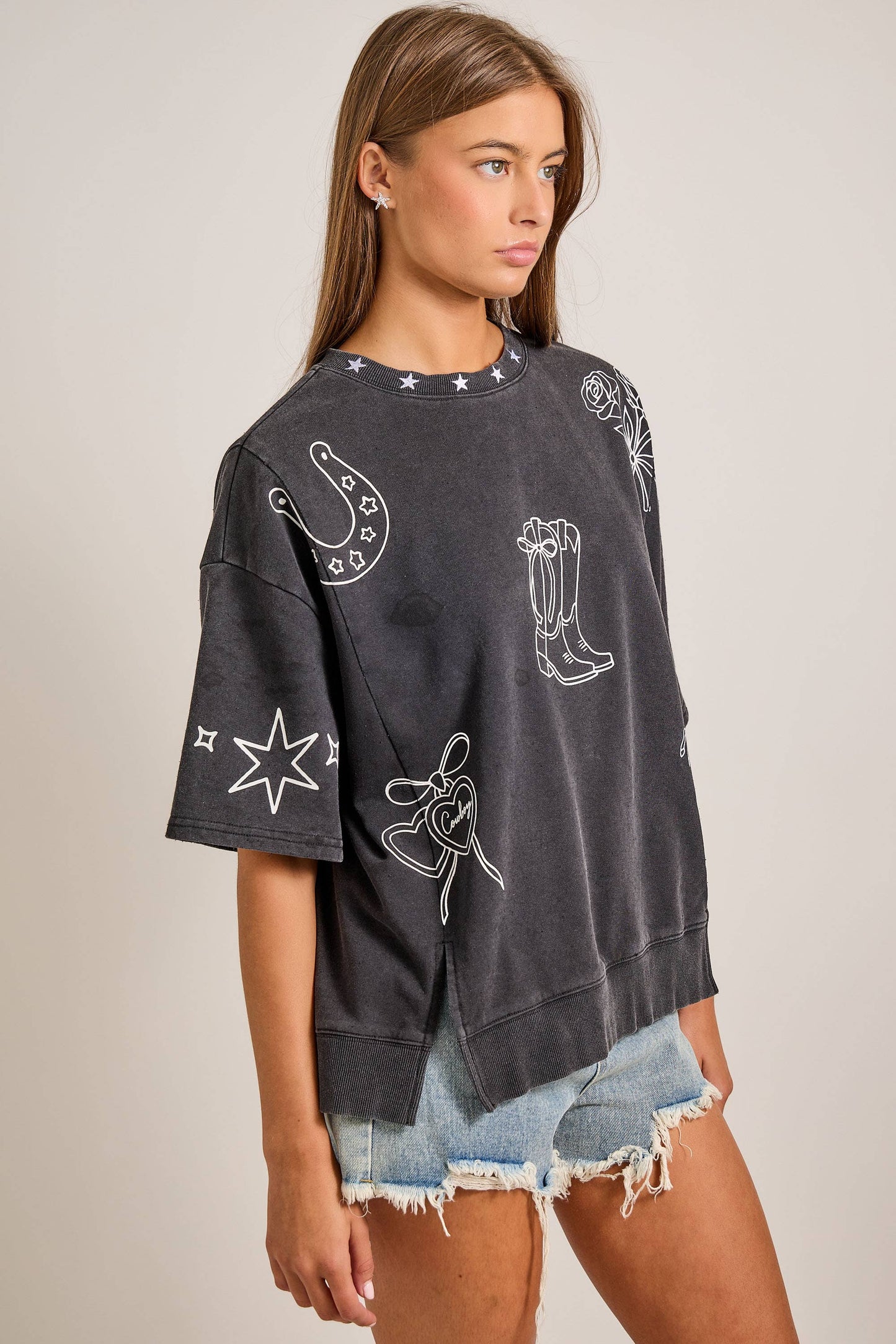 Mineral washed western printed oversized top