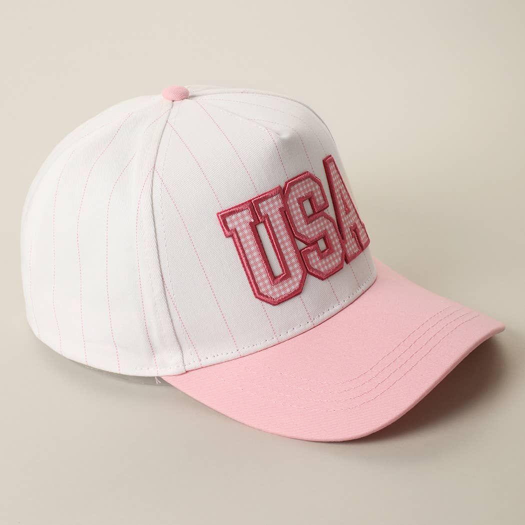USA Gingham Embroidered Patch Pinstripe Crown Trucker Hat