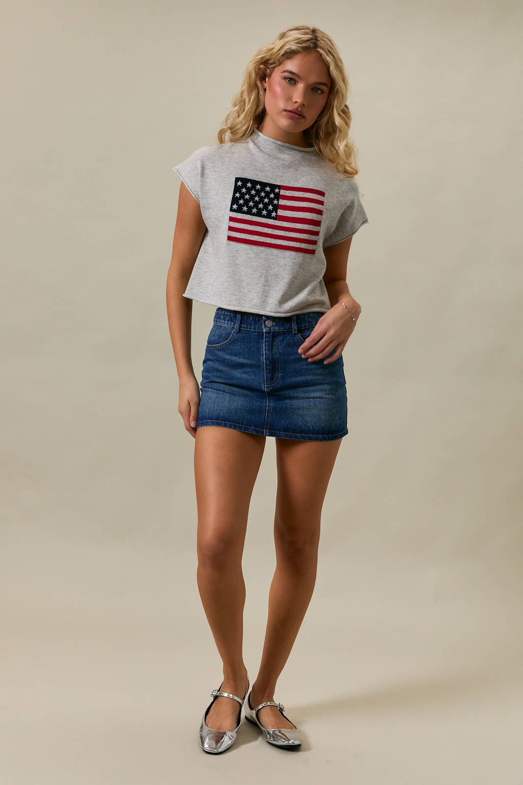Drop Shoulder Mock Neck "USA Flag" Graphic Sweater
