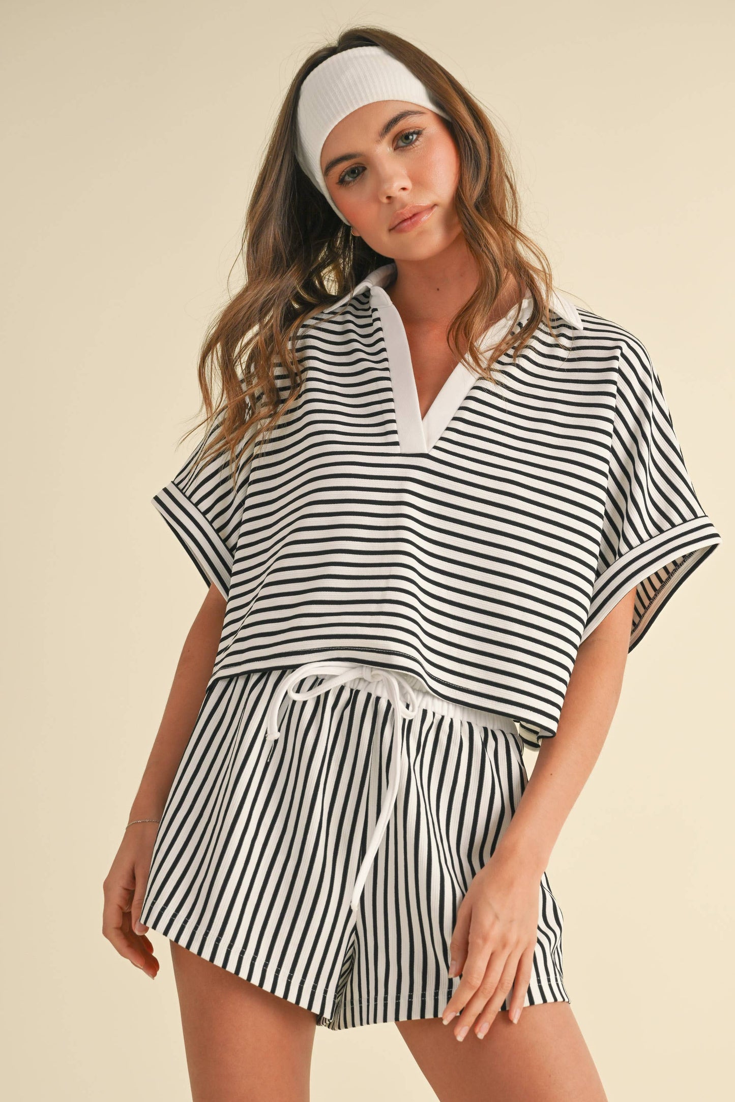 Knitted Striped Cropped Shirt and Shorts Set