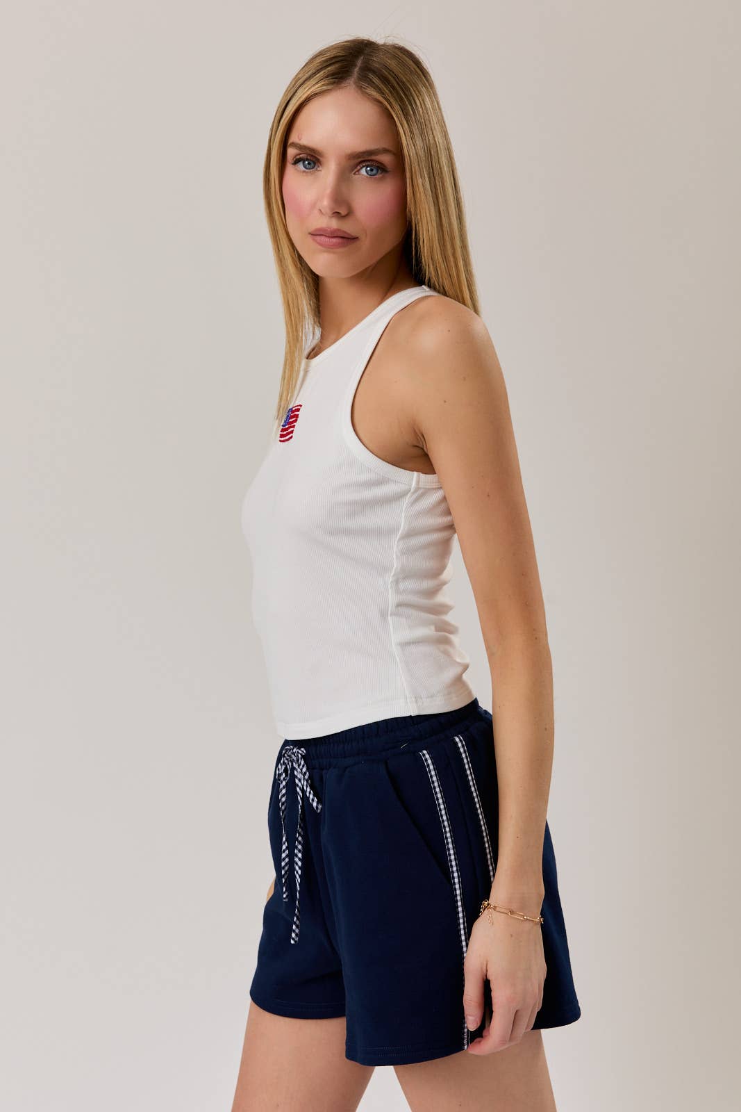 Round Neck Sleeveless USA Beads Ribbed Tank Top