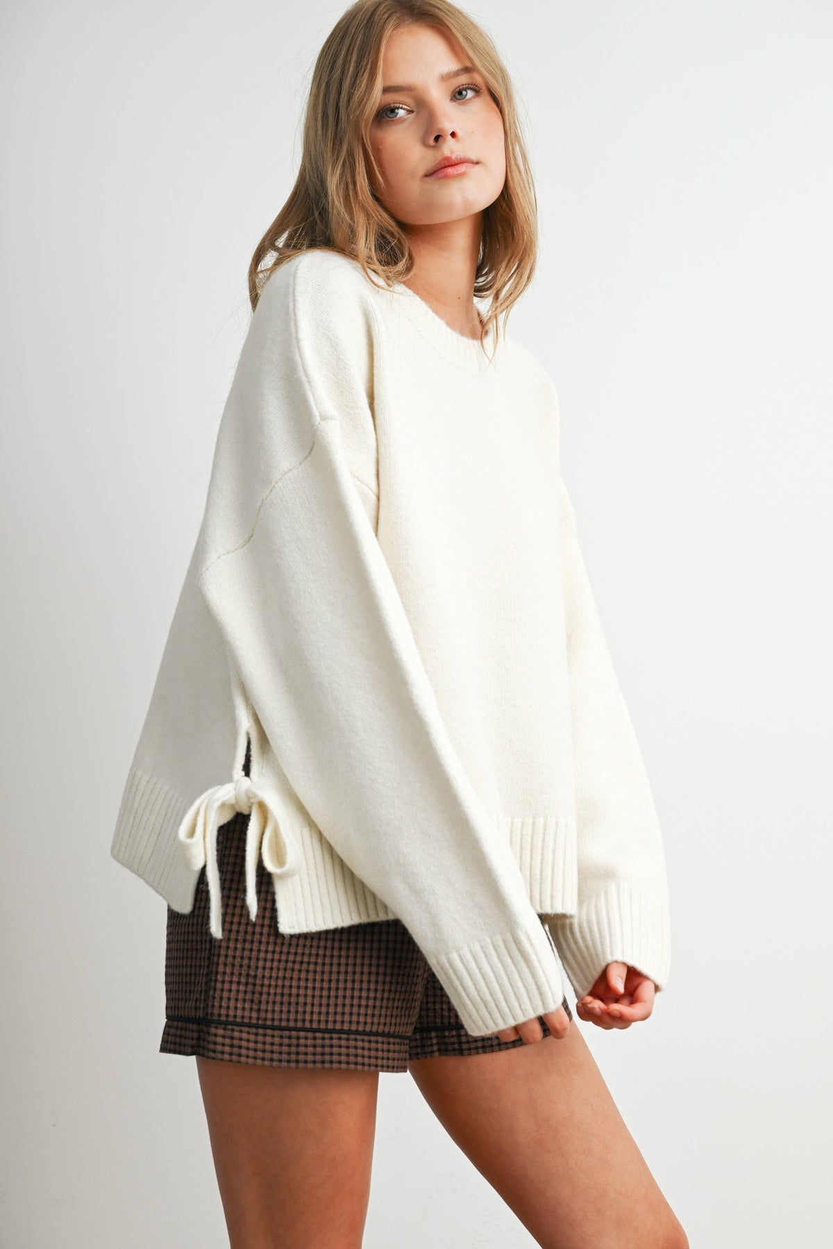 Tie Split-Hem Crewneck Long Sleeve Top