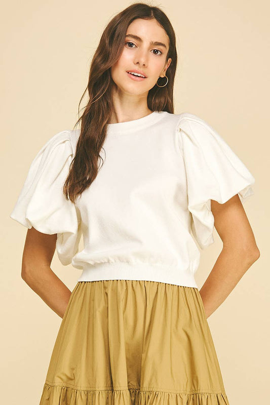 Crew Neck Puff Sleeve Ribbed Top