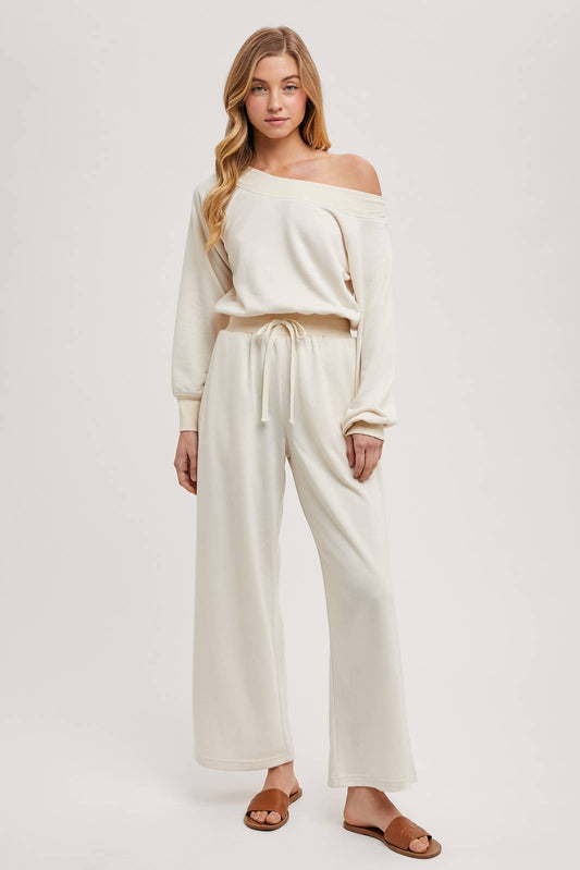 WIDE NECK OFF THE SHOULDER KNIT JUMPSUIT