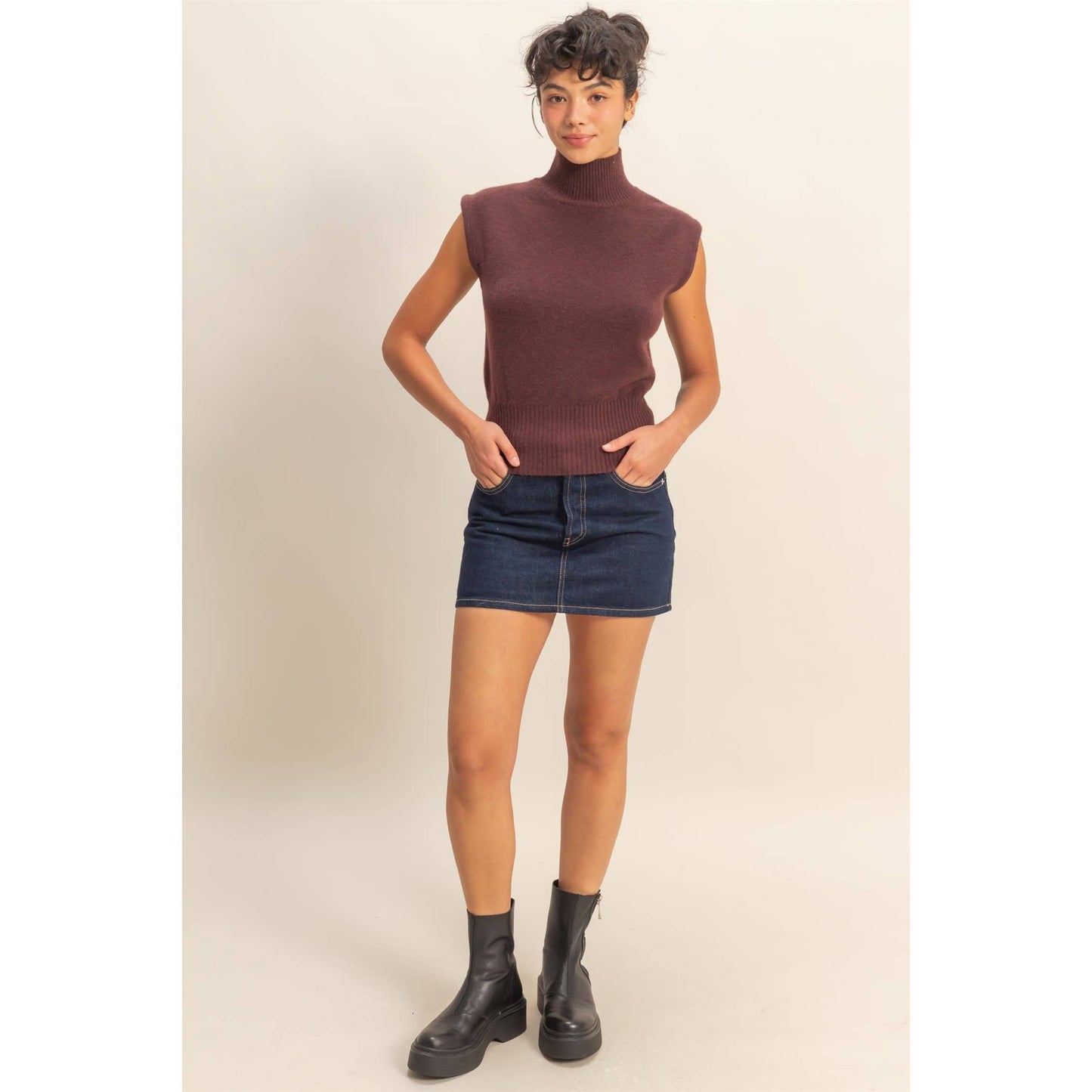 high neck sleeveless knit top