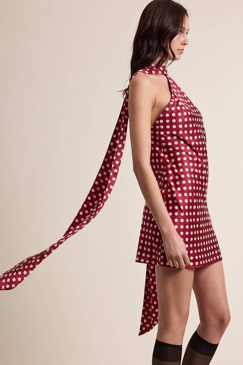 SATIN POLKA DOT LONG SCARF MINI DRESS
