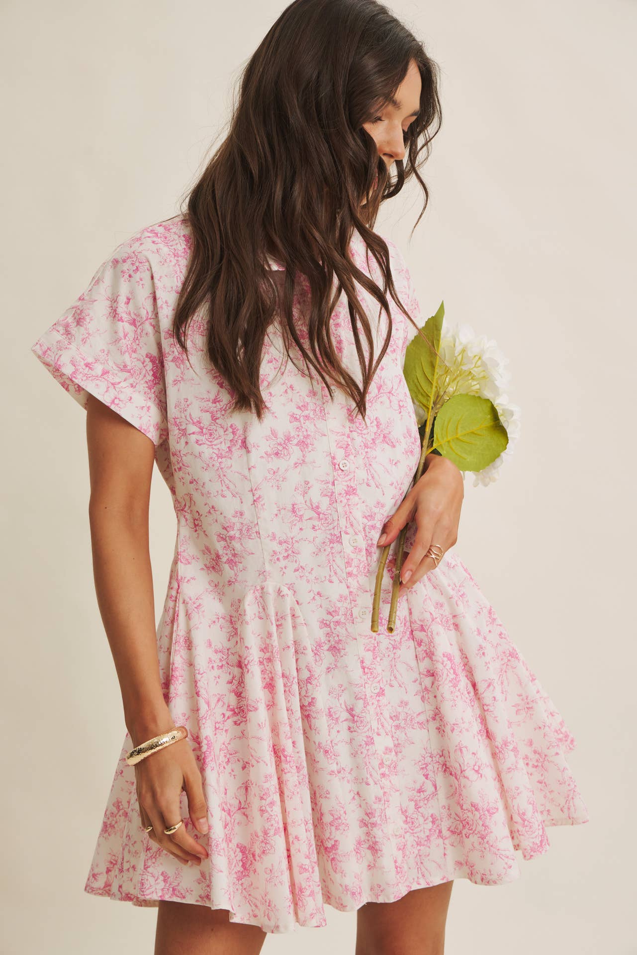 French Garden Toile Button-down Mini Dress With Dolman