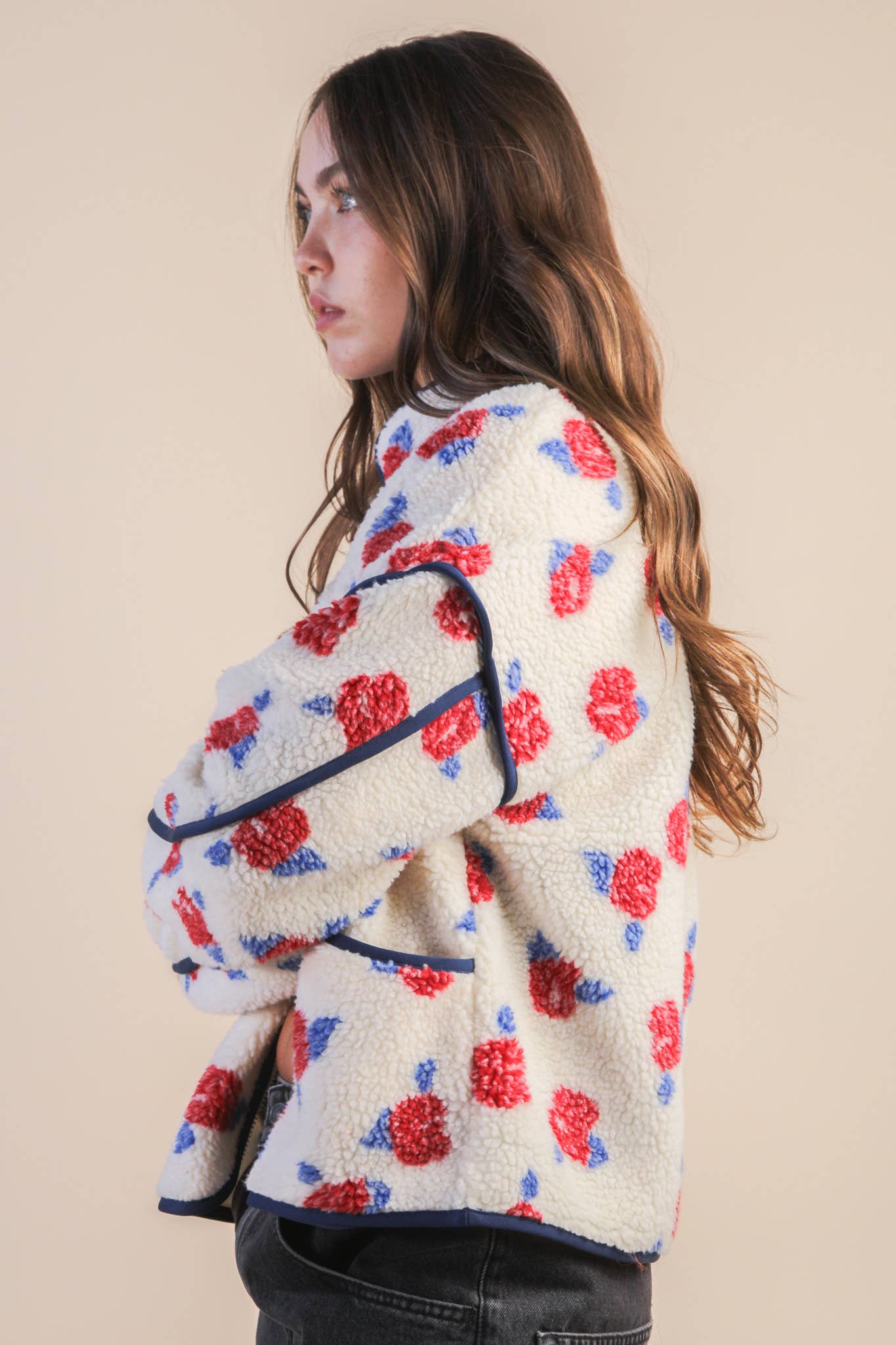 PLUS SIZE Floral Printed Casual Fleece Jacket
