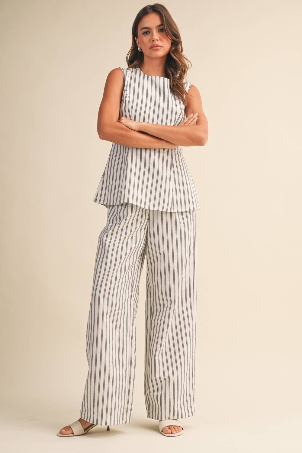 STRIPE PEPLUM SLEEVELESS TOP AND TROUSERS