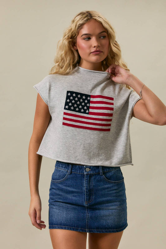 Drop Shoulder Mock Neck "USA Flag" Graphic Sweater