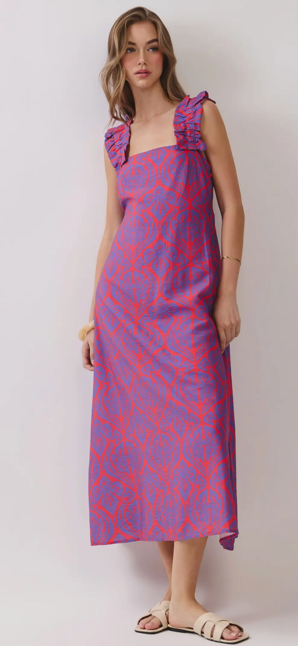 Red & Purple Abstract Ruffled Sleeve Long Dress