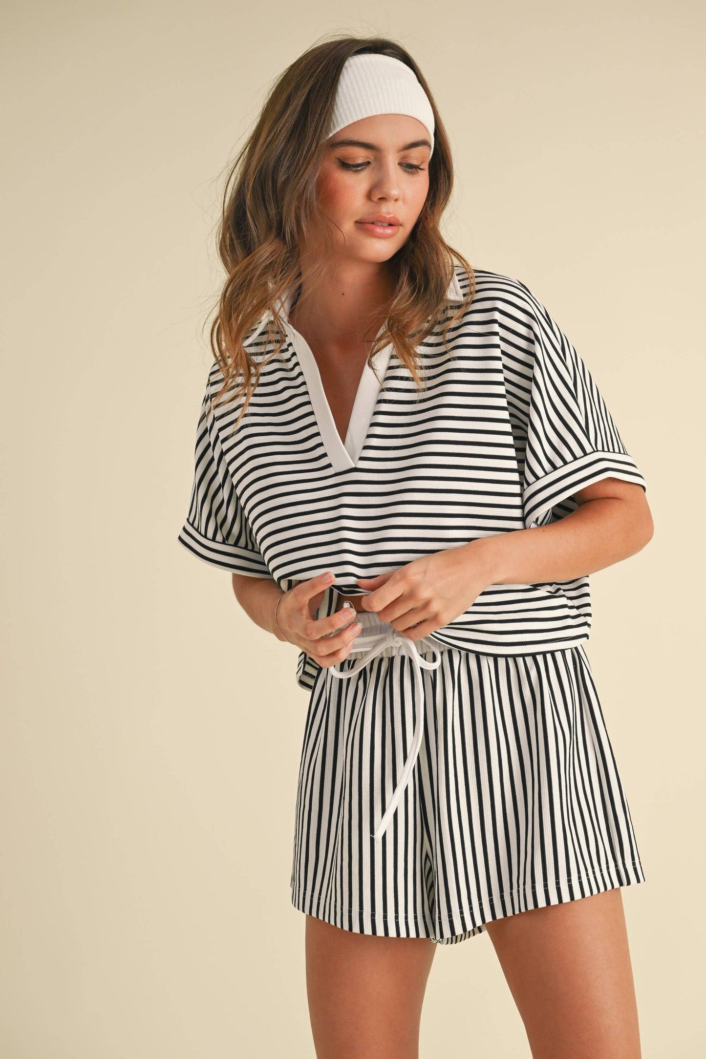 Knitted Striped Cropped Shirt and Shorts Set