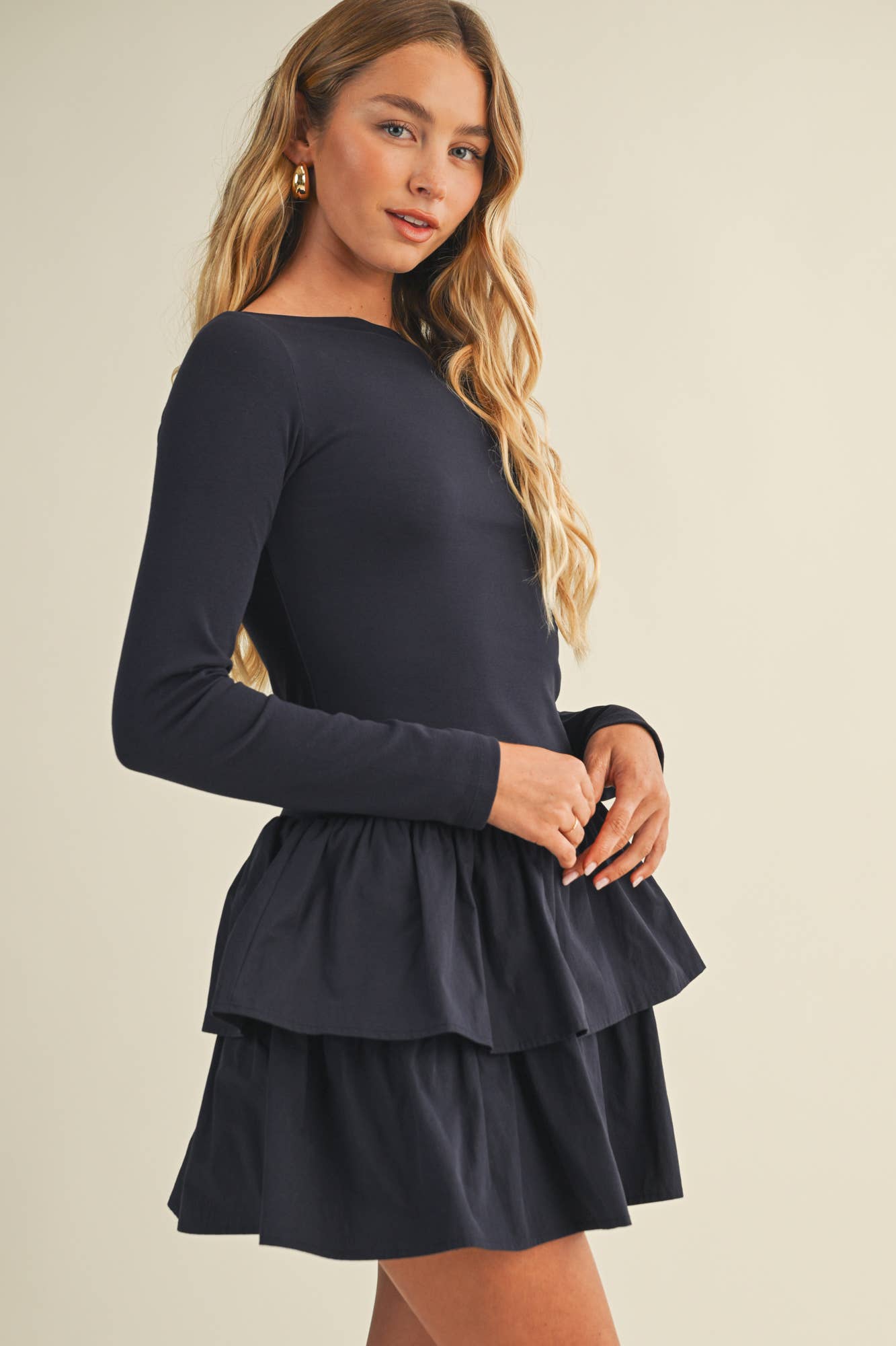 Boat neck ruffled dress