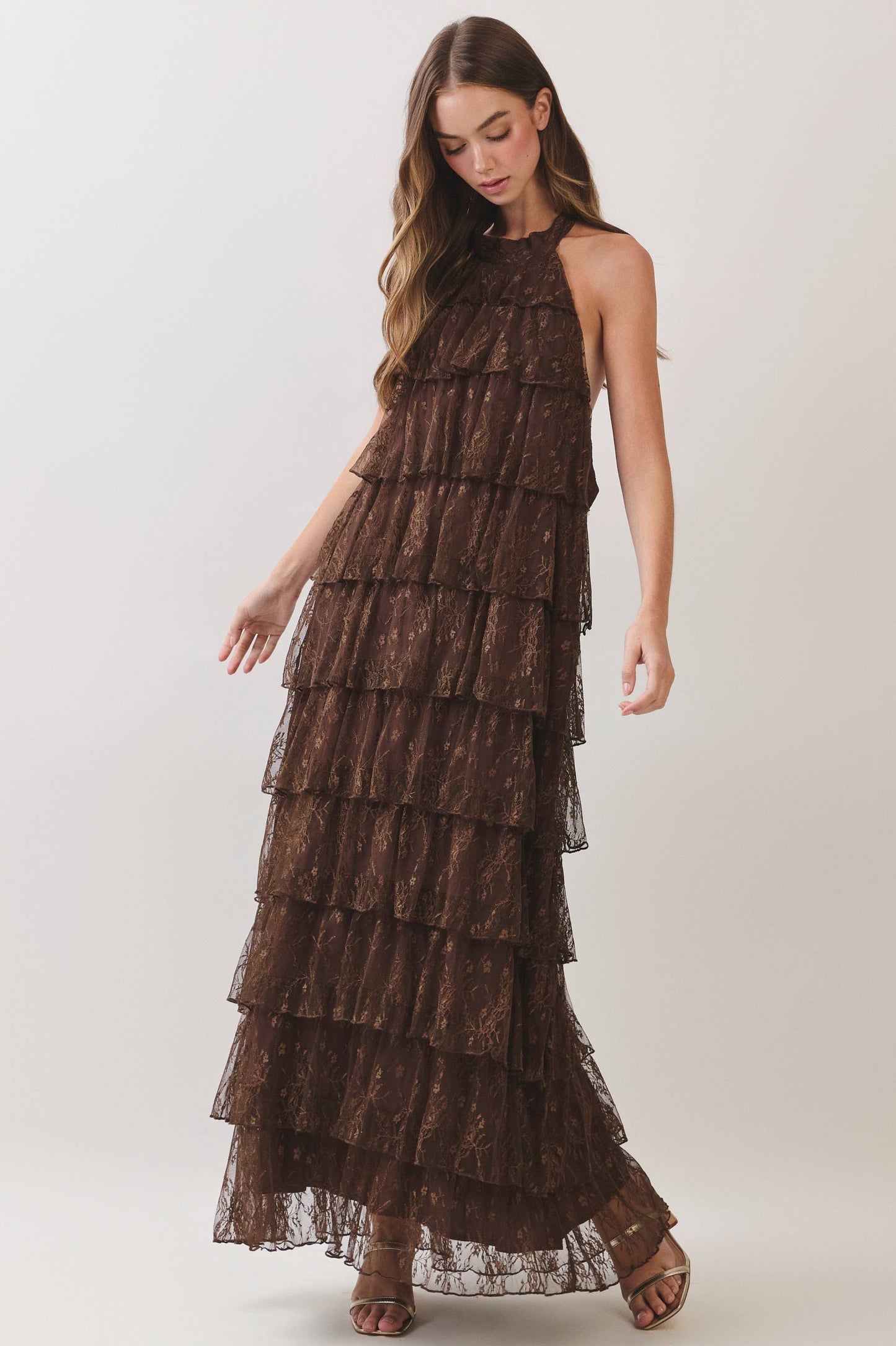 Lace Tiered Halter Maxi Dress