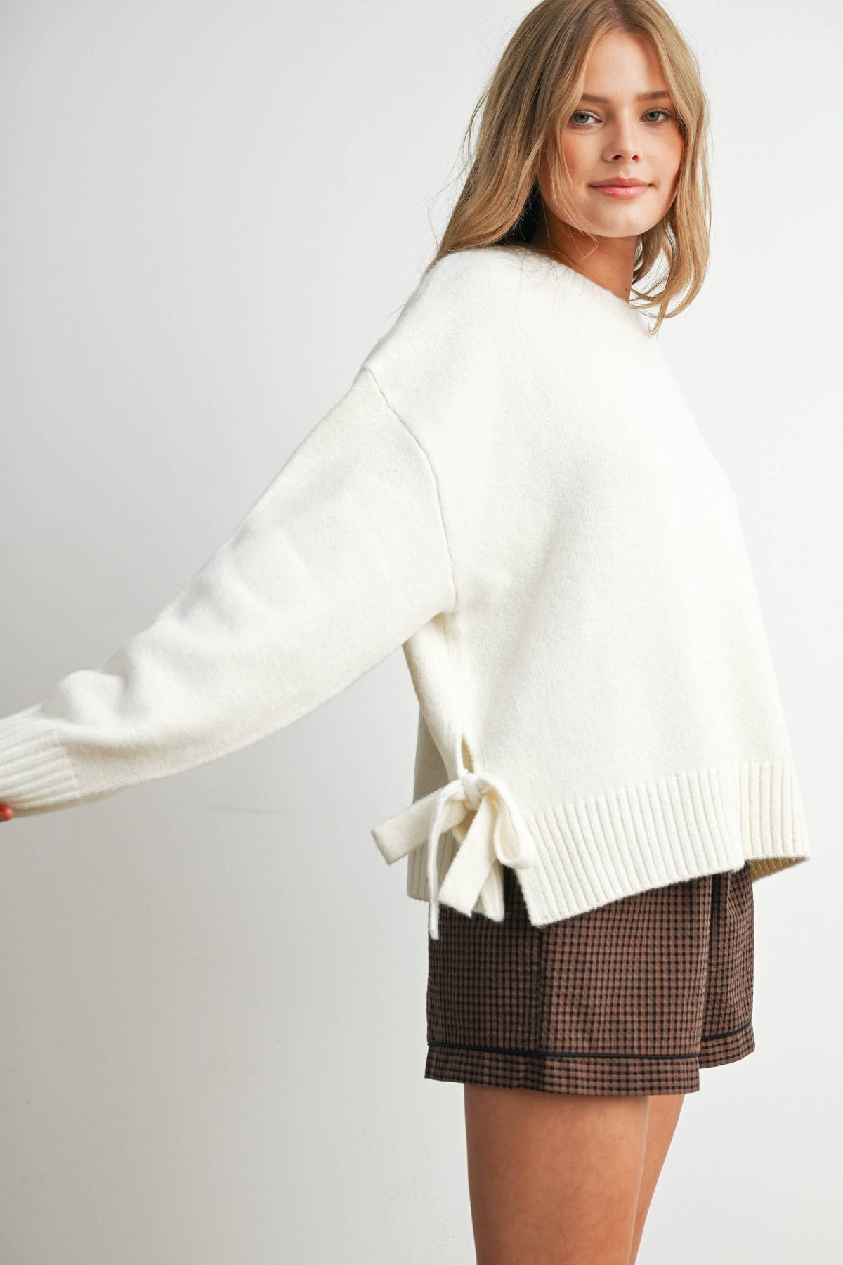 Tie Split-Hem Crewneck Long Sleeve Top