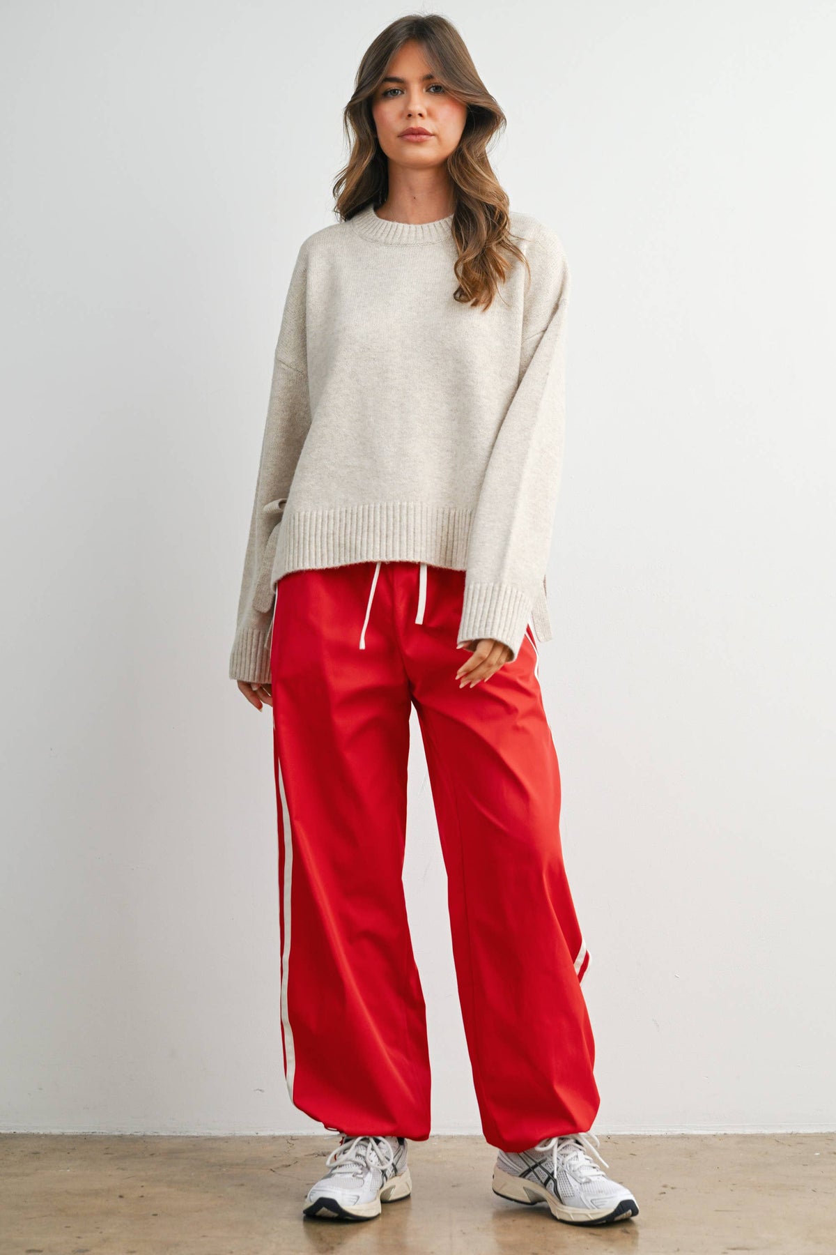 Tie Split-Hem Crewneck Long Sleeve Top