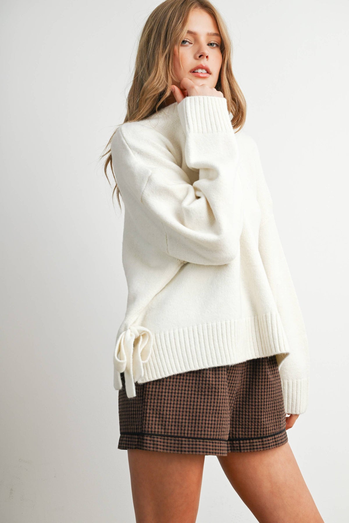 Tie Split-Hem Crewneck Long Sleeve Top