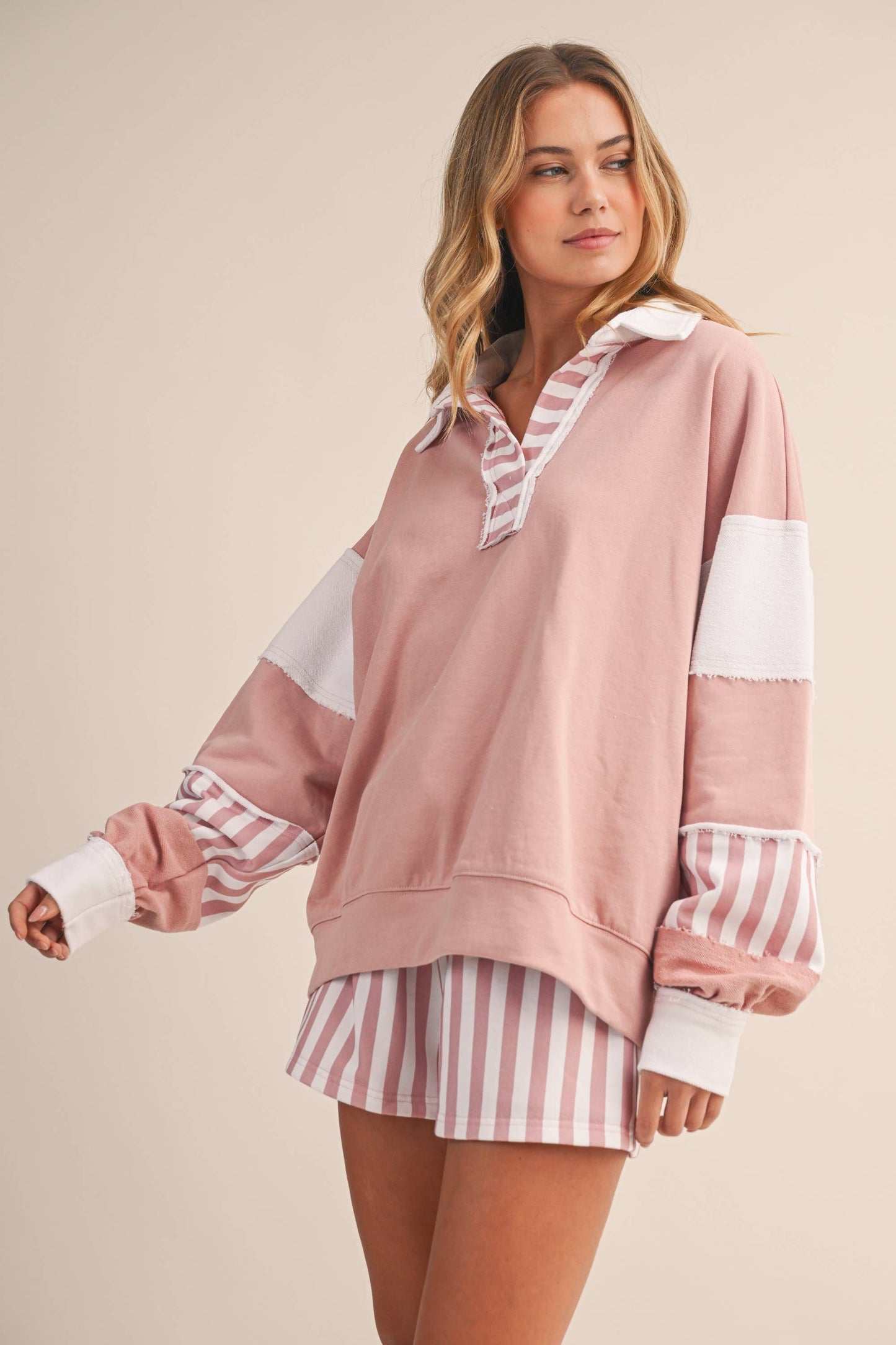 Striped Contrast Collared Sweatshirt and Shorts Set
