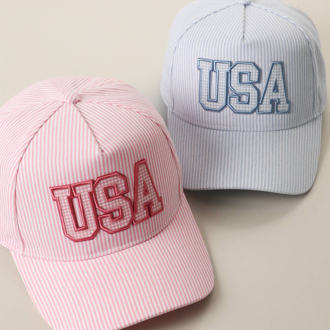USA Embroidered Patch Gingham Stripe Trucker Hat