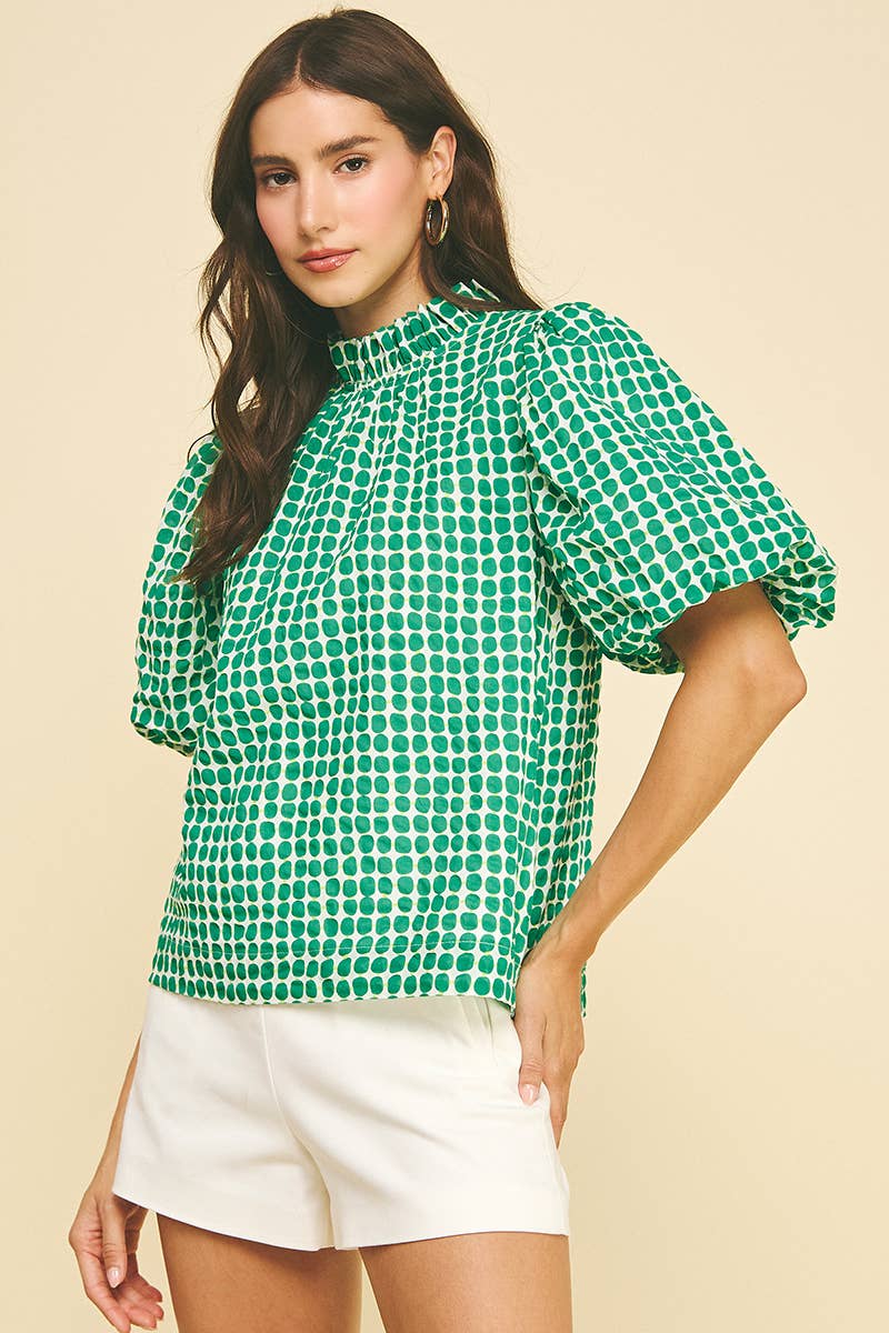 Polka Dot Pattern Ruffled Neck Bubble Sleeve